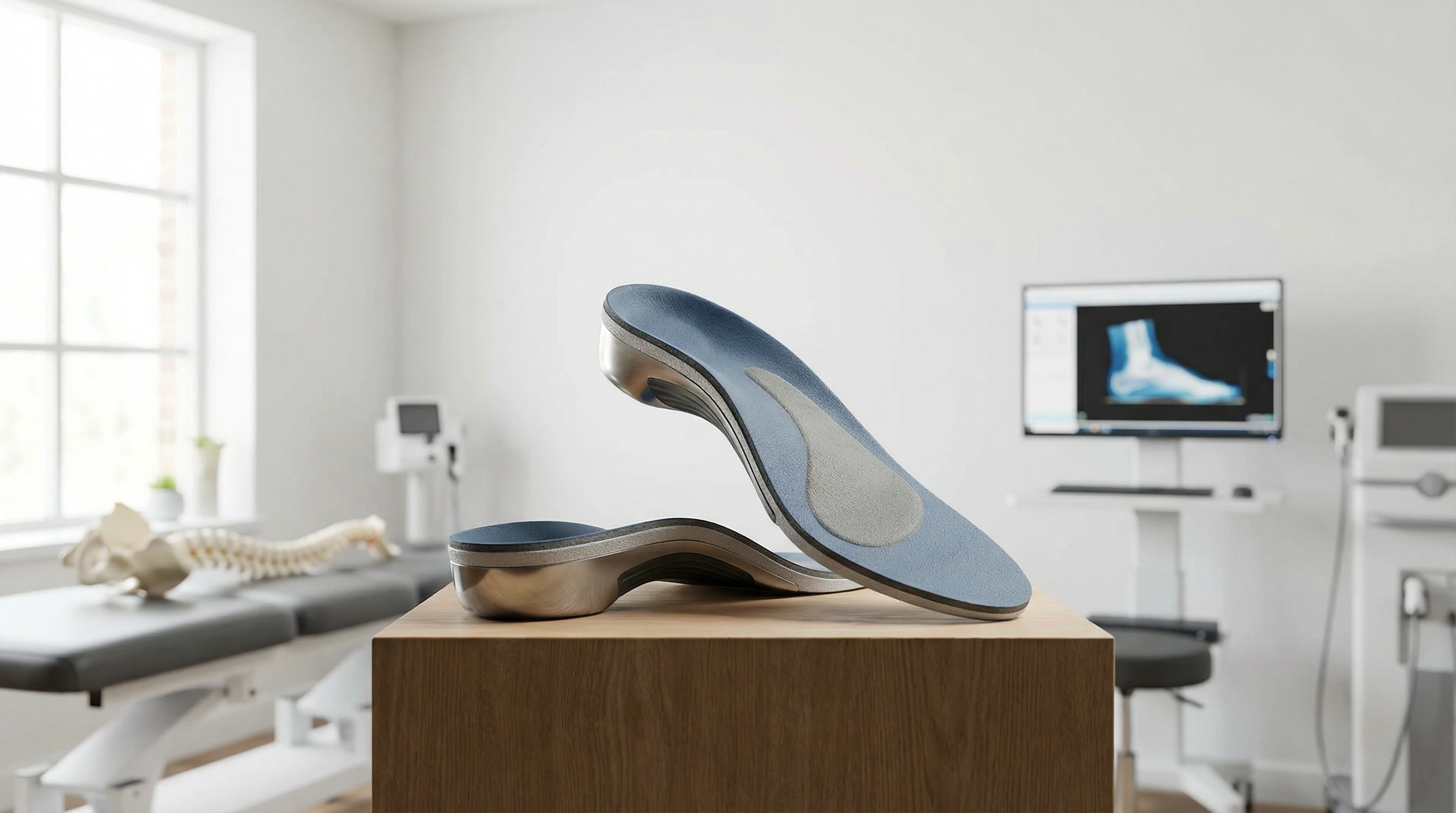 Professional custom orthotics displayed in modern medical office with 3D scanning technology