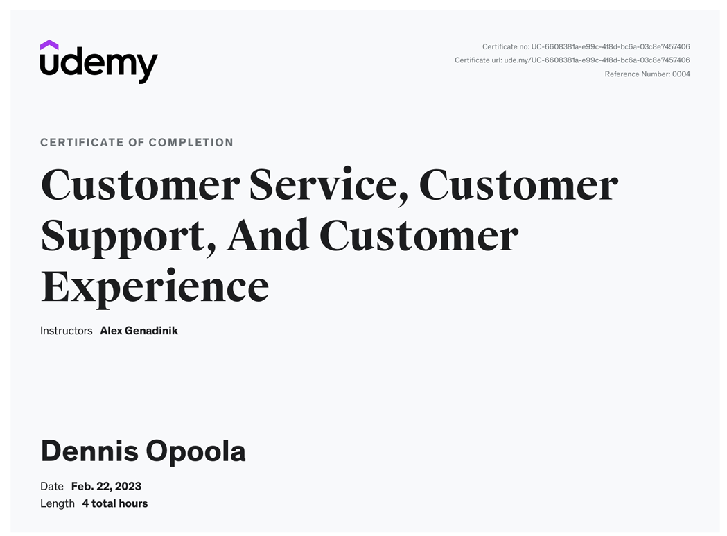 Customer Service, Customer Support, And Customer Experience certificate