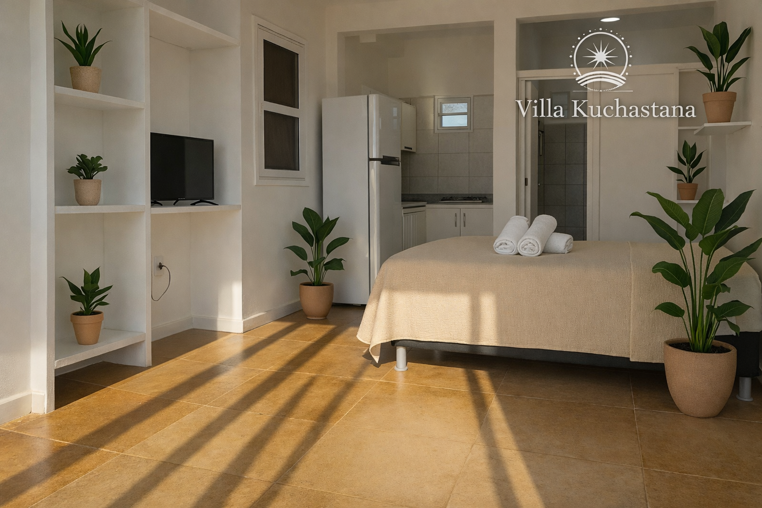 Suíte minimalista com plantas e luz natural
