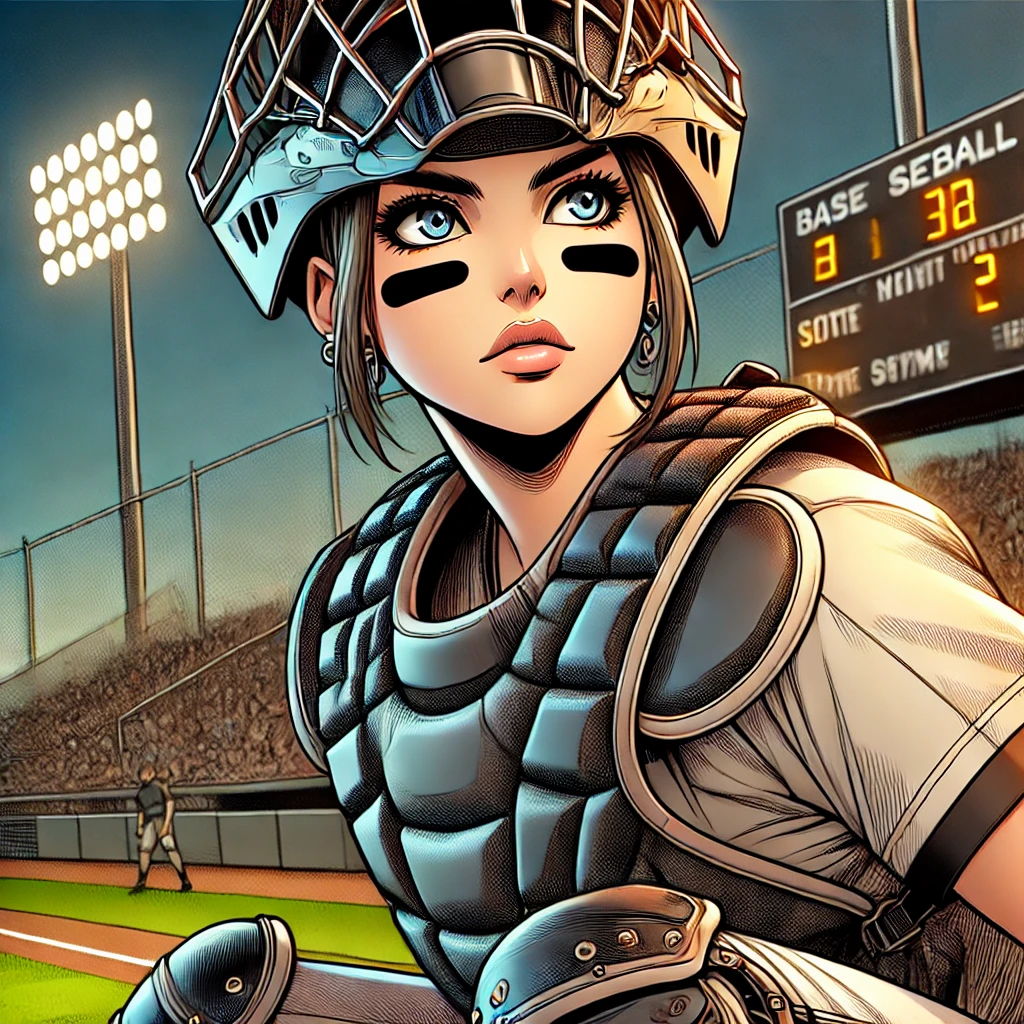 Detailed digital art of a female baseball catcher in turquoise and black gear