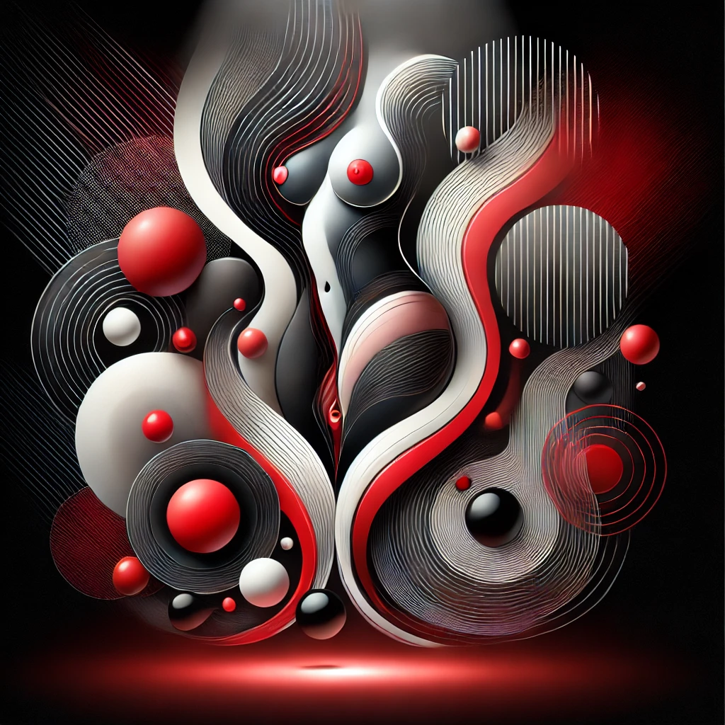 Abstract artistic representation of feminine forms in black, white, and red