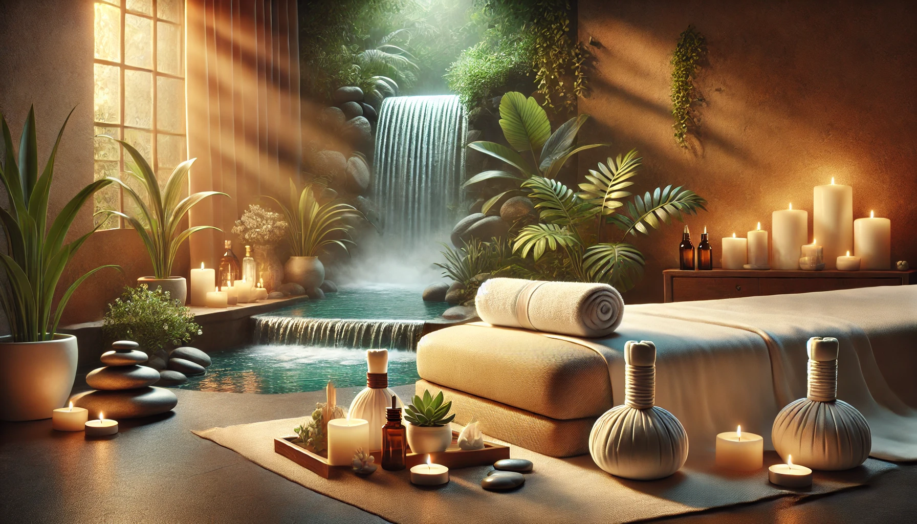 Luxurious spa setting with waterfall and massage table