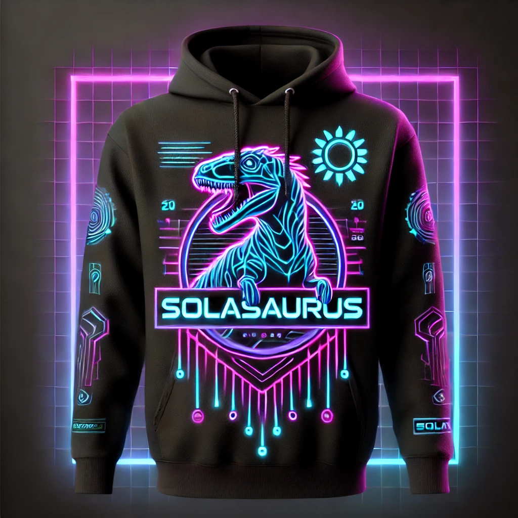 Black hoodie featuring a neon cyan and magenta T-Rex dinosaur design with the SOLASAURUS logo and cyberpunk circuit patterns