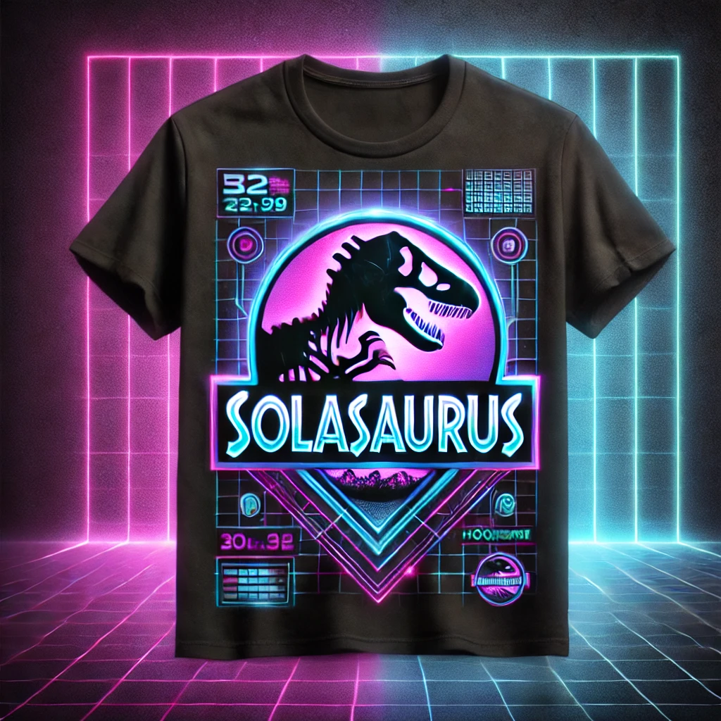 Black t-shirt with retro-futuristic design featuring a T-Rex silhouette in neon pink and cyan, with SOLASAURUS logo and synthwave UI elements