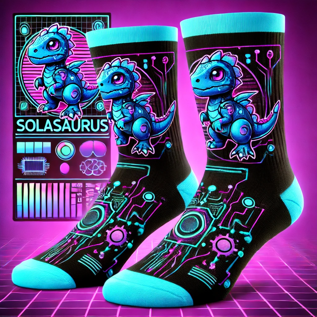 Black socks with cyan trim featuring a cute chibi-style Solasaurus dinosaur in neon blue and pink, decorated with cyberpunk circuit patterns and UI elements