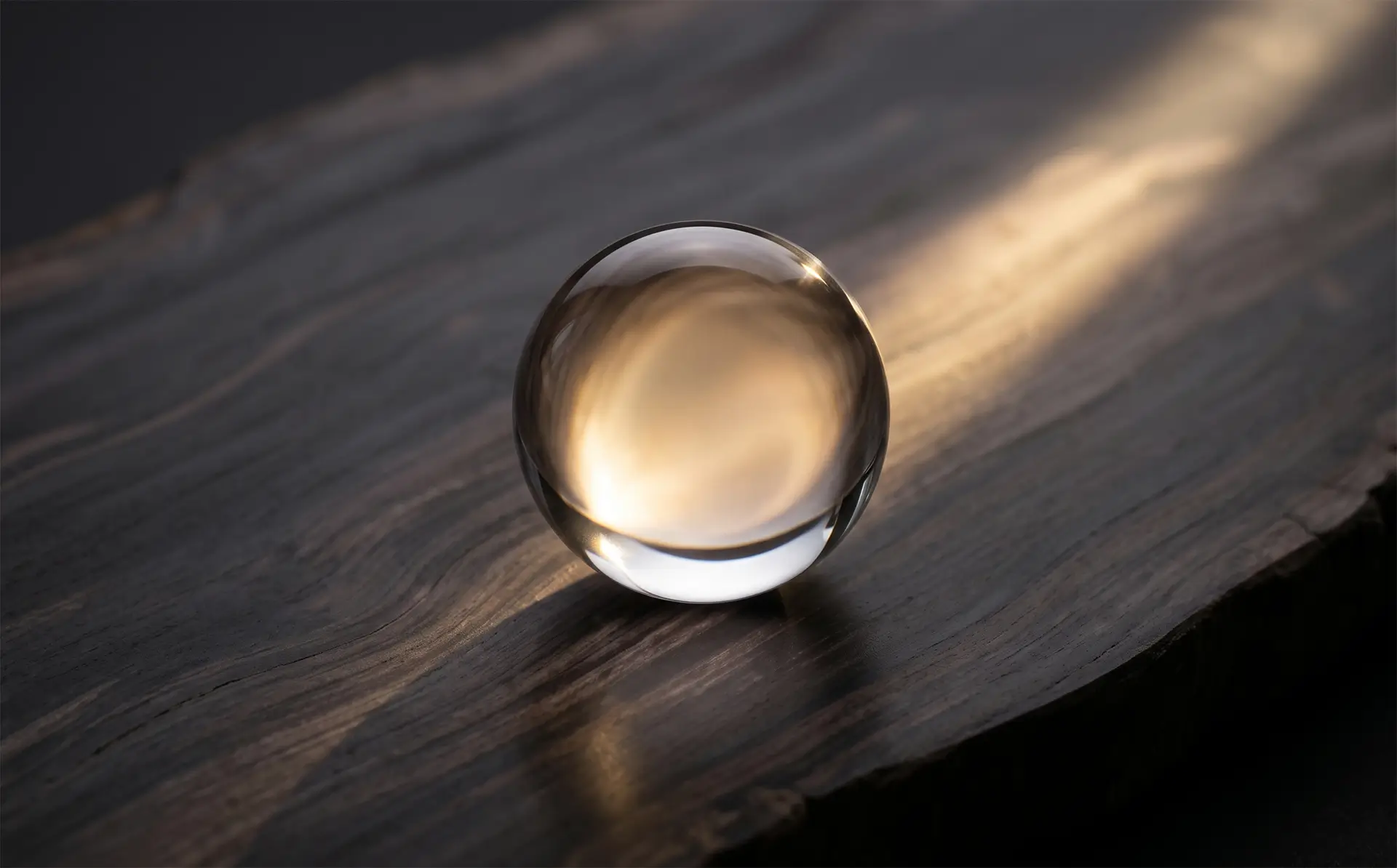 Glass sphere on dark wood — Energy & Longevity