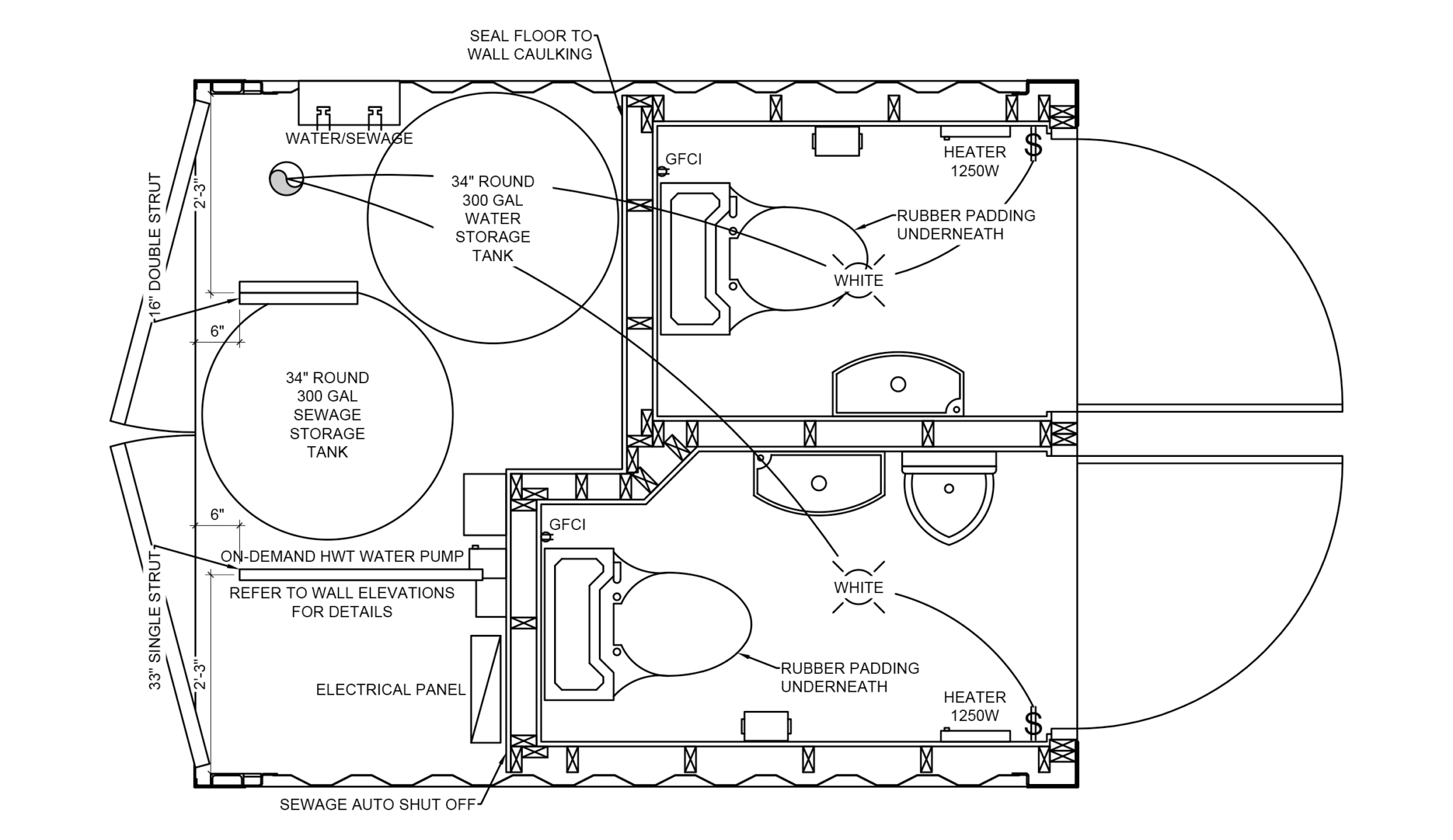 Portable restroom trailer floor plan showing water, sewage, and restroom layouts