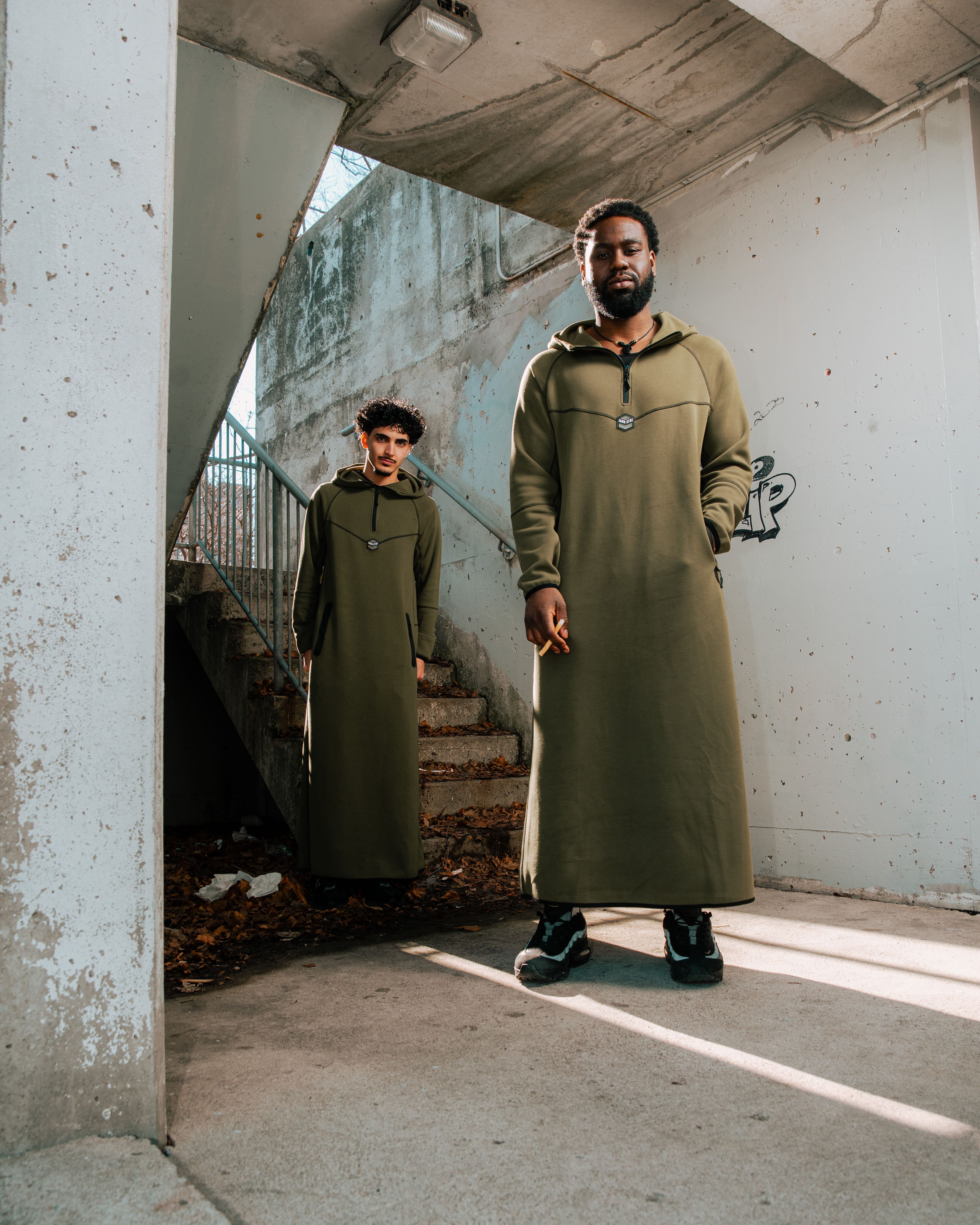 Apparel editorial in a concrete stairwell