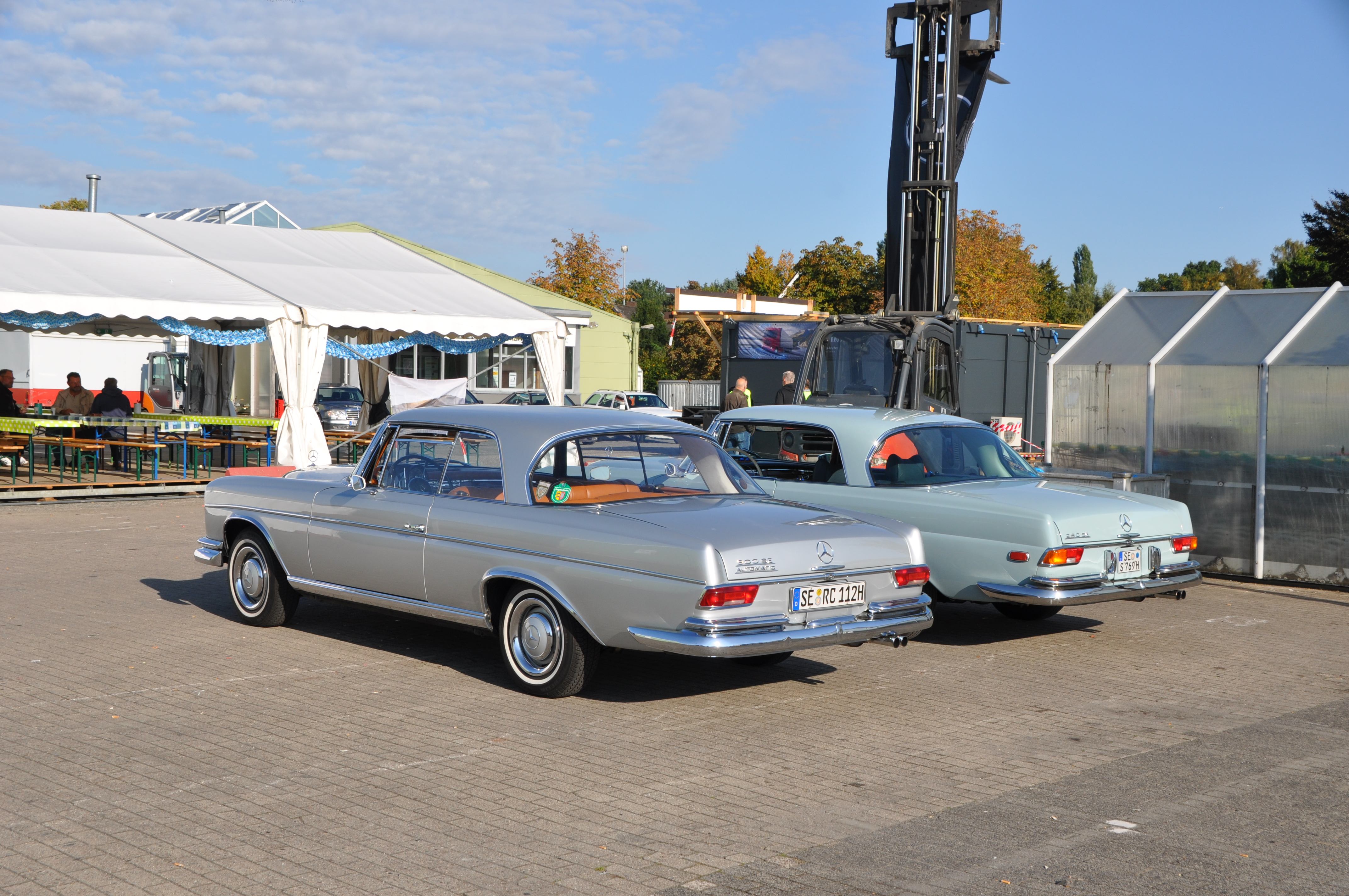Zwei Mercedes W111 Coupes von hinten
