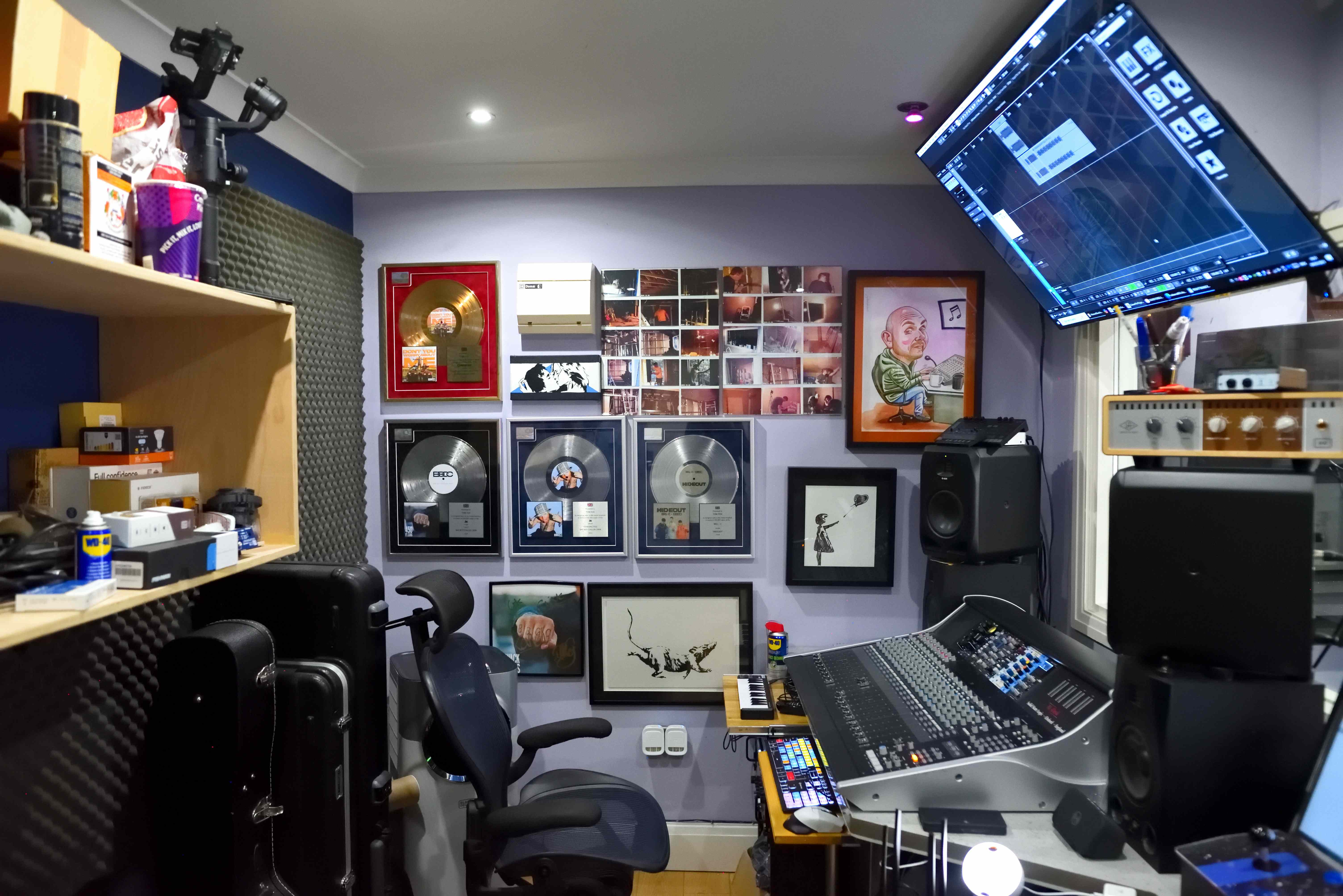 Control room with platinum and gold records