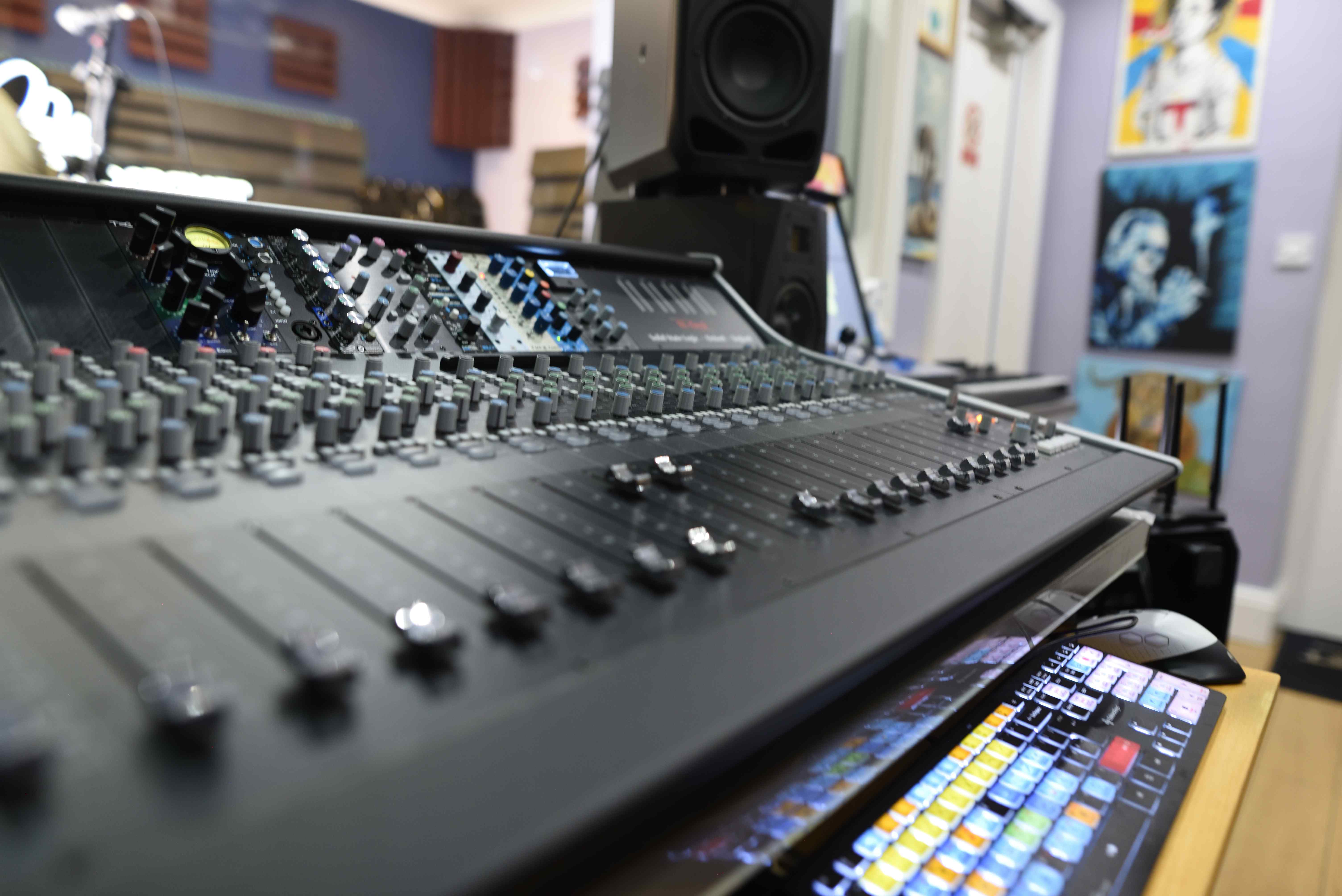 SSL XL-Desk mixing console close-up at Moorcroft Studios