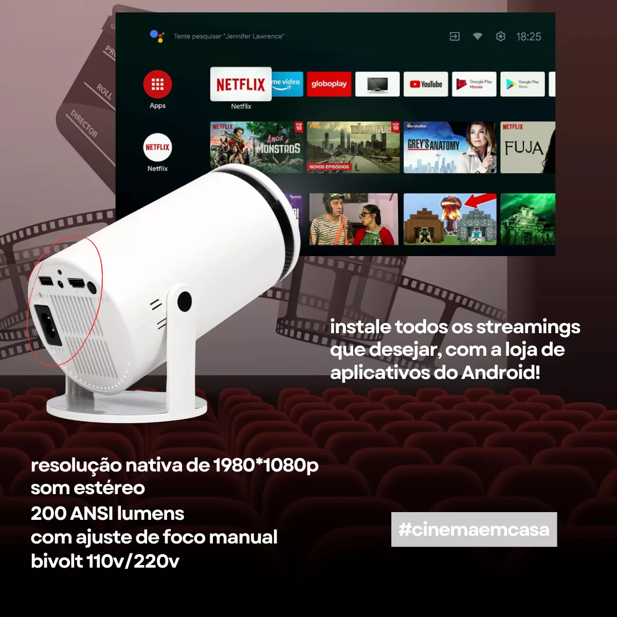 Projetor com Netflix e apps de streaming instalados
