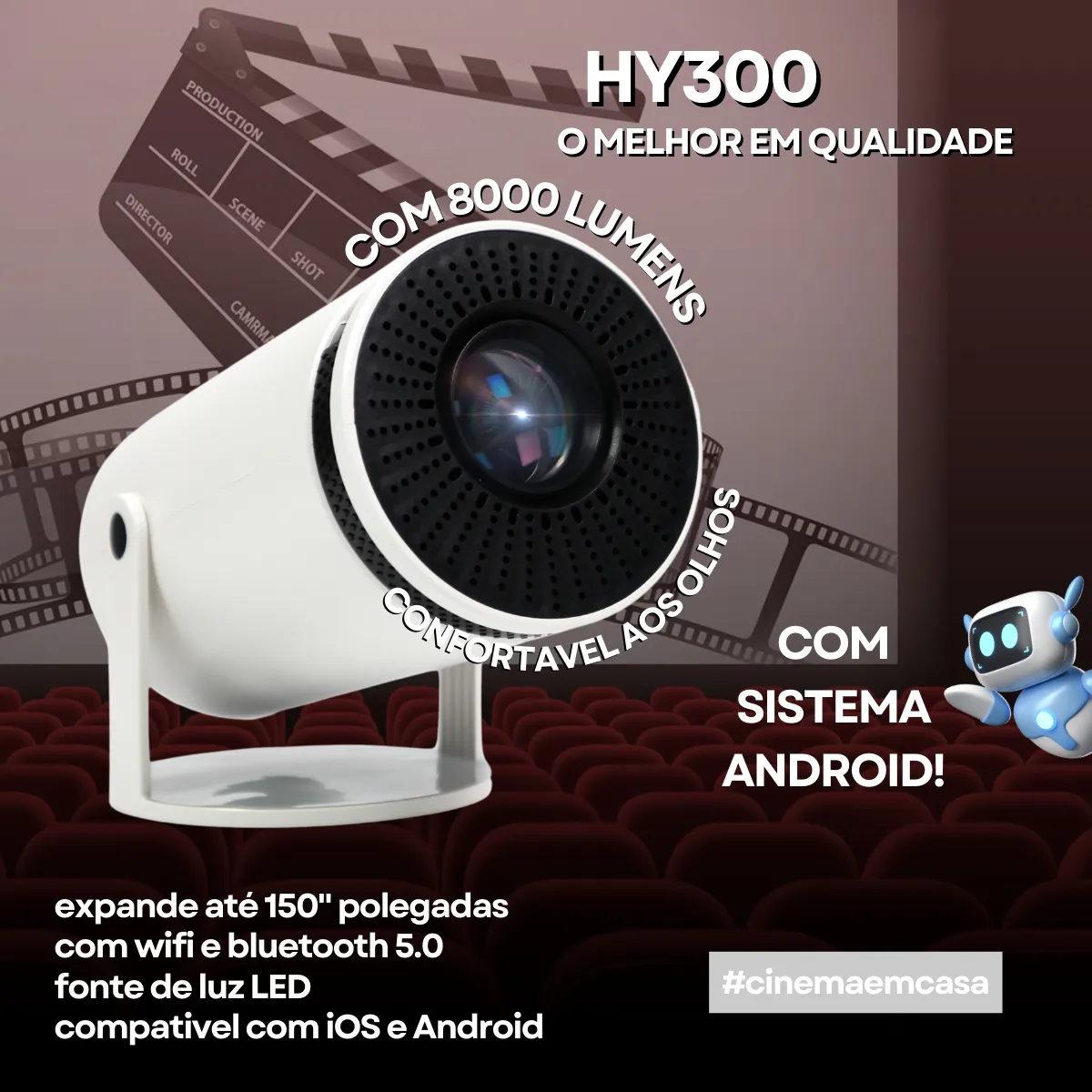 Projetor HY300 com 8000 lumens e sistema Android