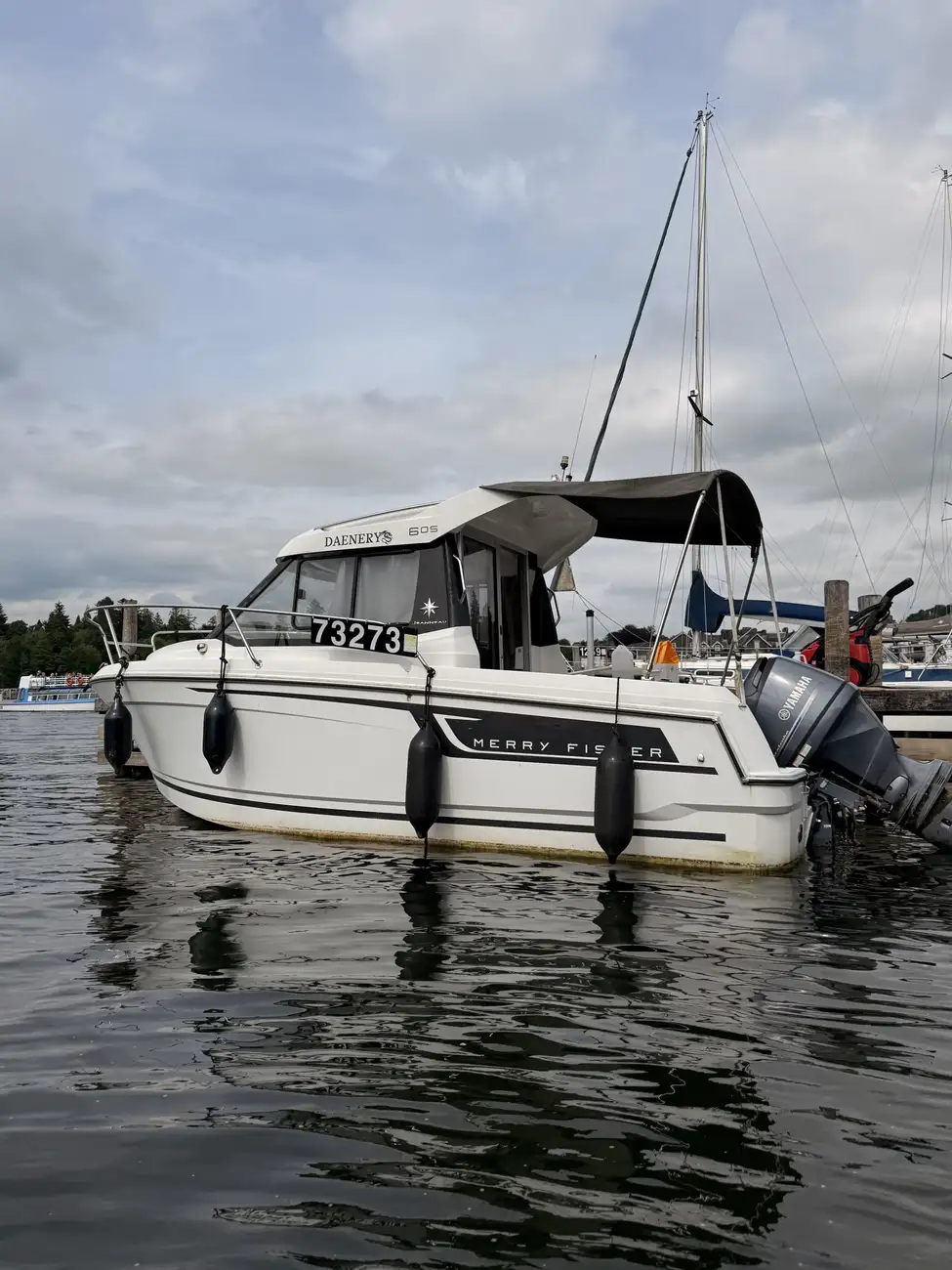 Daenerys, the Jeanneau Merry Fisher 605, moored on Lake Windermere with its Yamaha outboard
