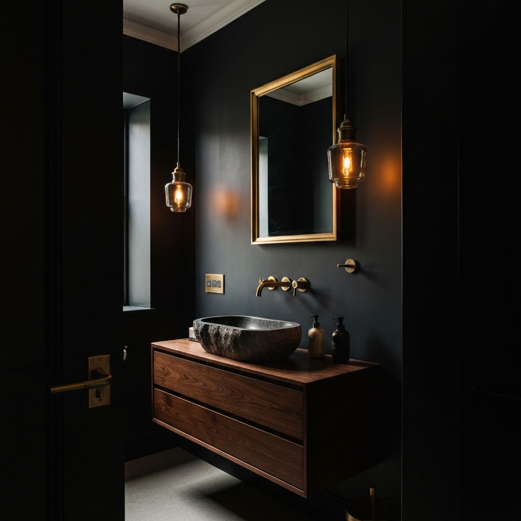 Dramatic dark bathroom with charcoal walls, brass/gold fixtures, natural wood floating vanity, brass pendant lights, vessel sink