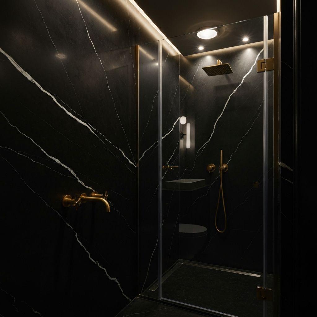 Contemporary dark shower with black marble walls and white veining detail, gold rainfall showerhead, integrated shelving, minimal design