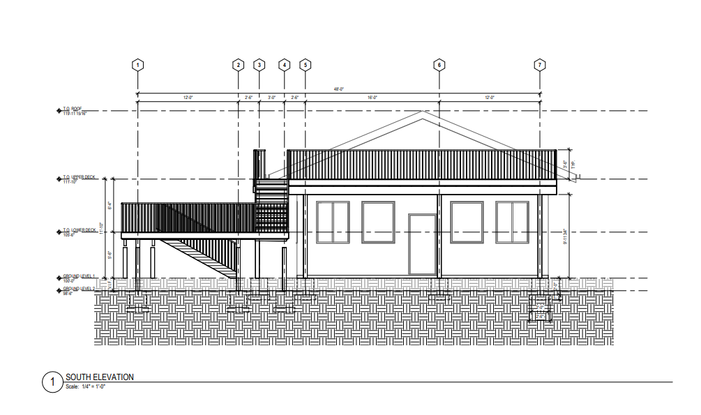 South elevation architectural plans for multi-level deck with stairs and covered upper deck
