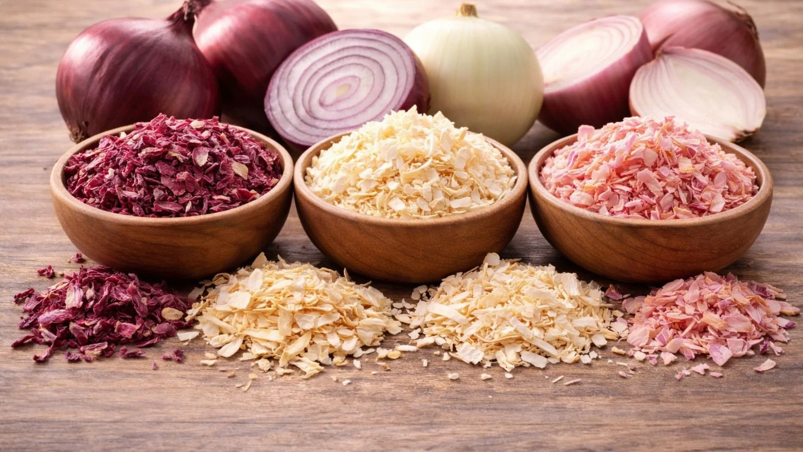 Dehydrated vegetables including red onions, white onions, and pink onions in wooden bowls