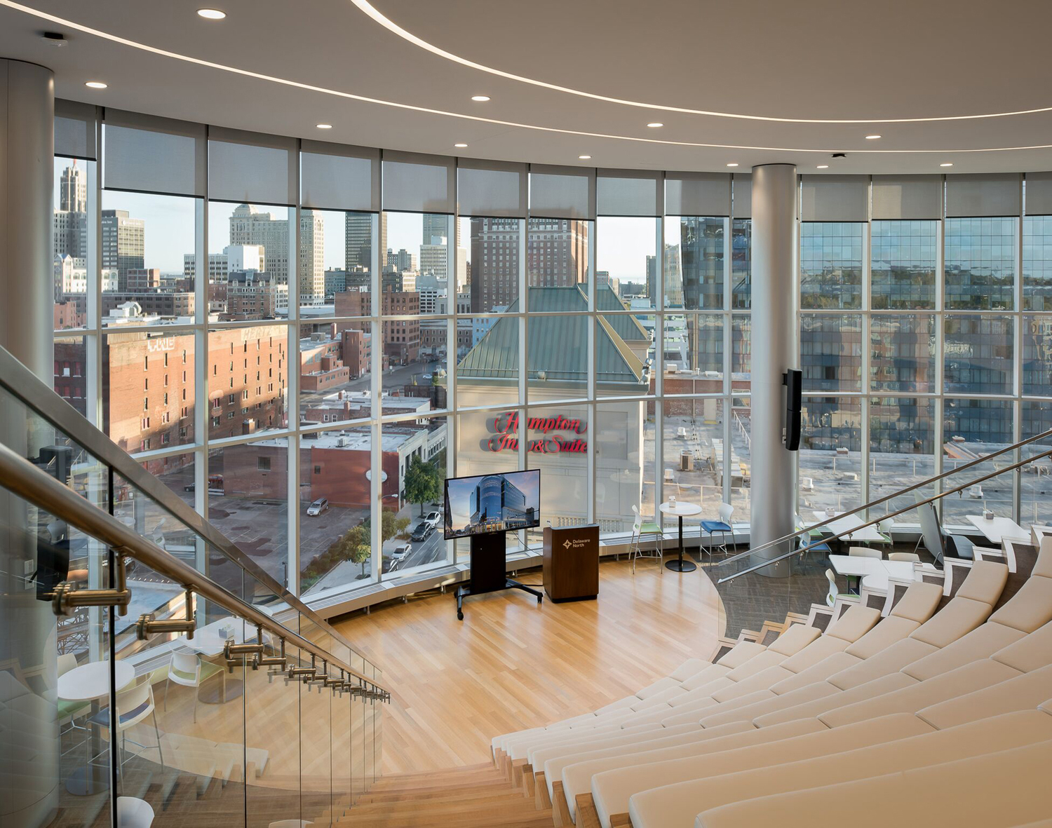 Delaware North HQ — Structural Glass Stair at Upper Landing, City Skyline View