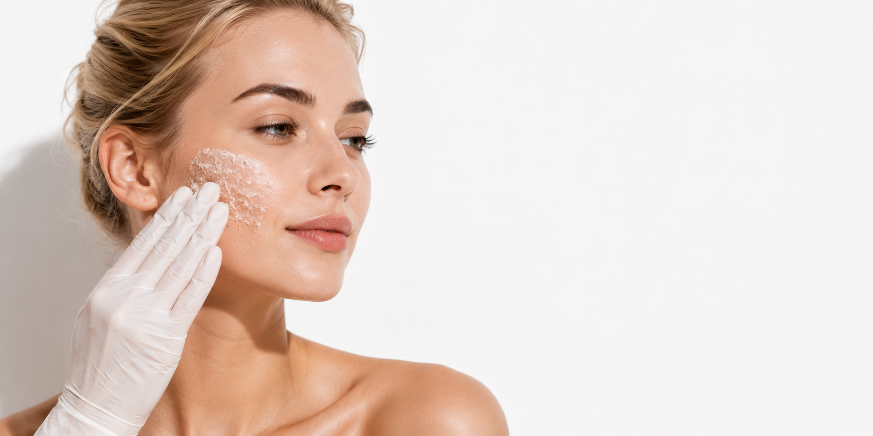 Frau zeigt Dermamelan Peeling Behandlung auf Wange