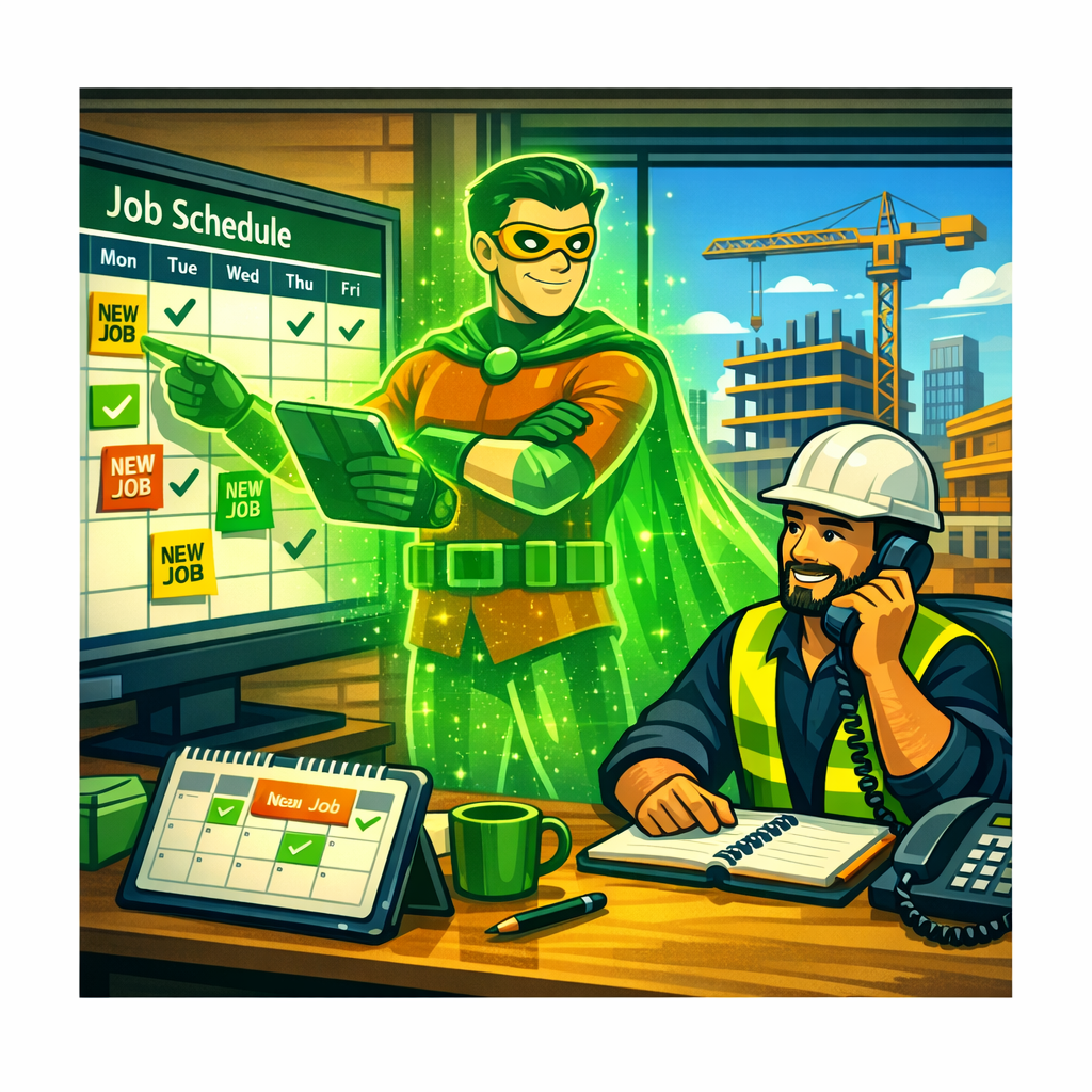 HeroCall superhero organizing job schedule while tradesperson takes call