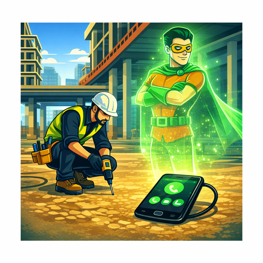 HeroCall superhero answering call while tradesperson works on site