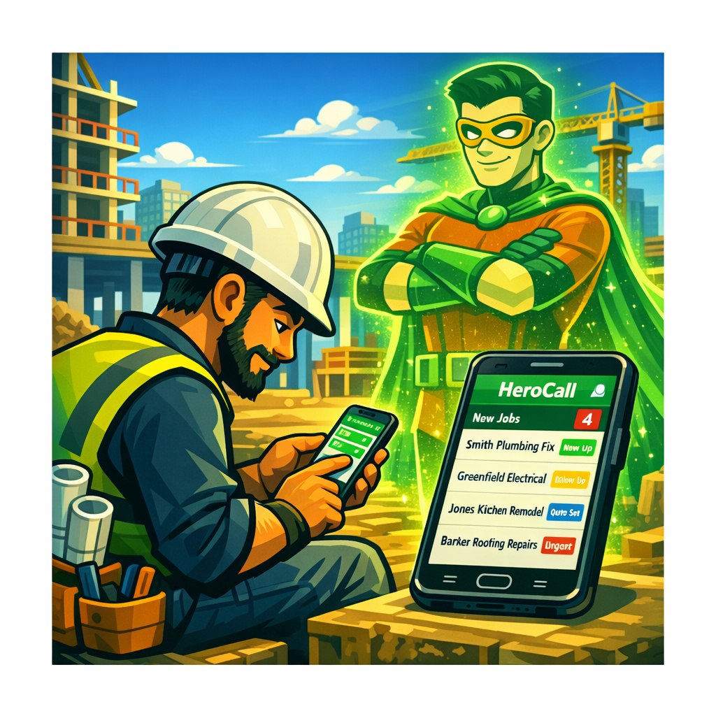 Tradesperson on site viewing HeroCall inbox on phone with new jobs