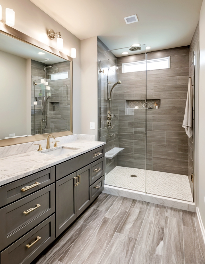 Modern spa bathroom with dark vanity cabinet, white Carrara marble countertop, brass fixtures, and gold-framed mirrors