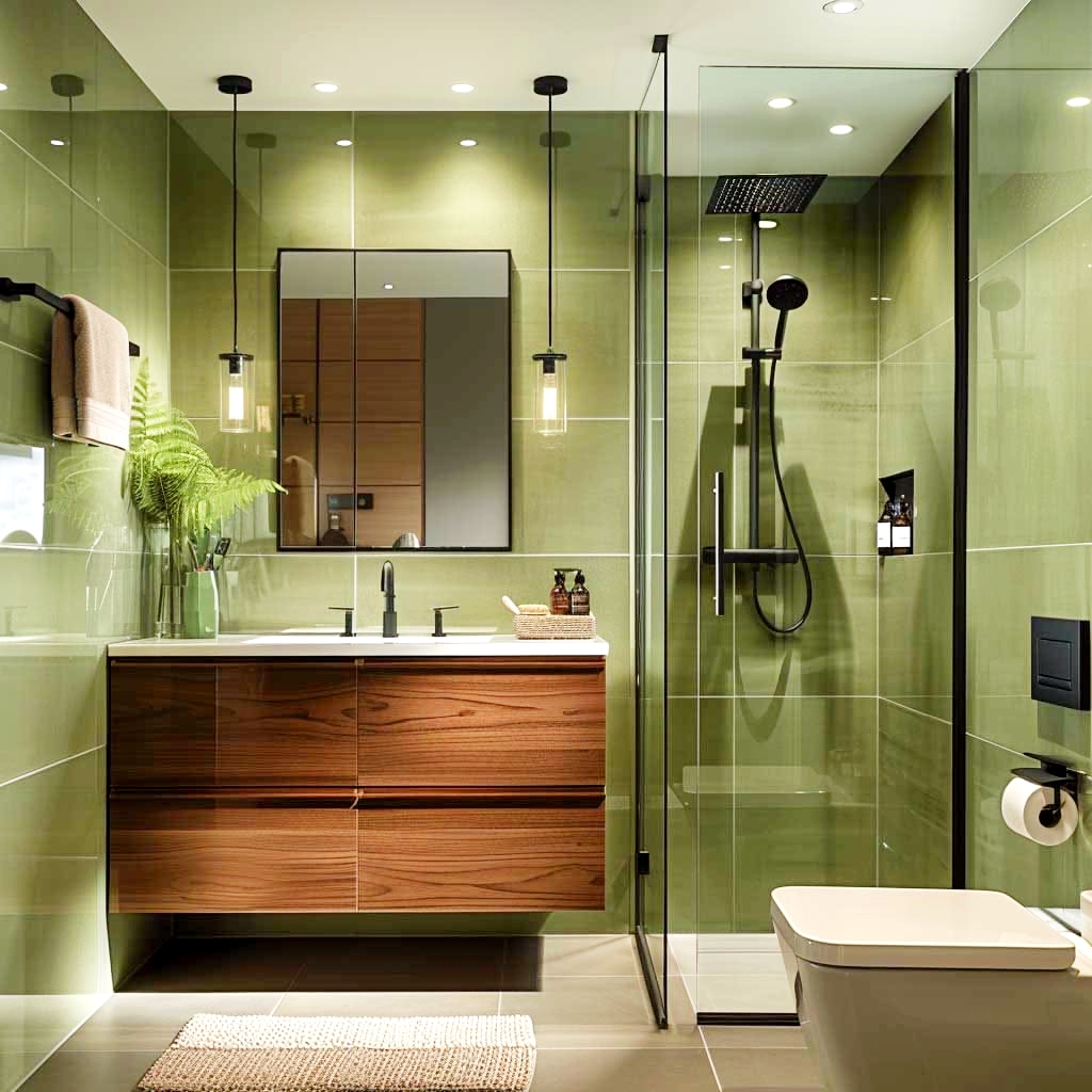 Contemporary bathroom with green subway tile walls, warm wood floating vanity, integrated white sink, and brass pendant fixtures