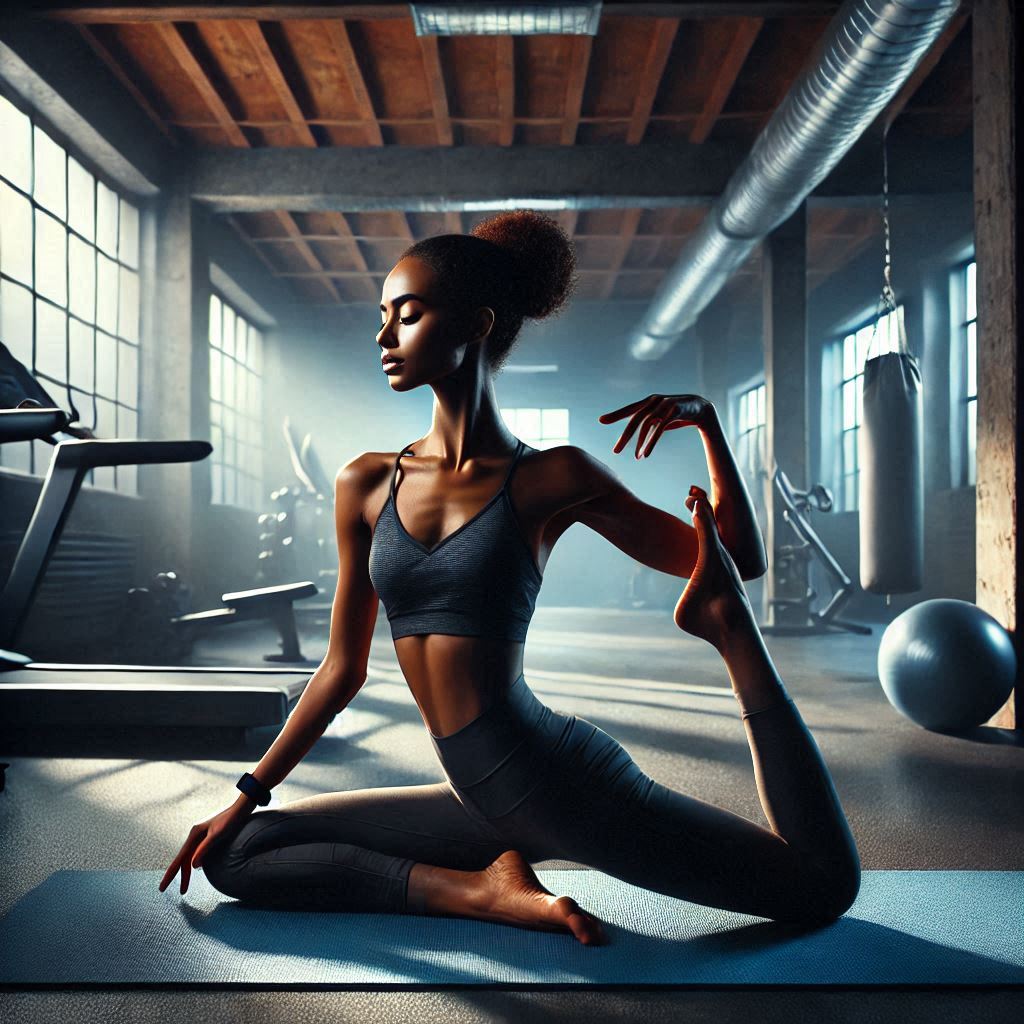 Woman performing yoga pose in a gym setting