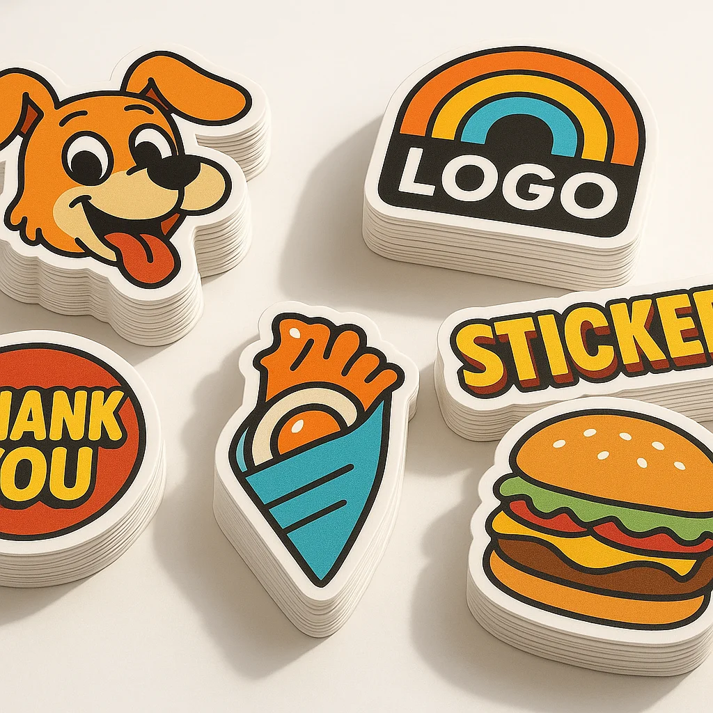 Custom die-cut sticker samples including dog, logo, thank you, burger and burrito stickers