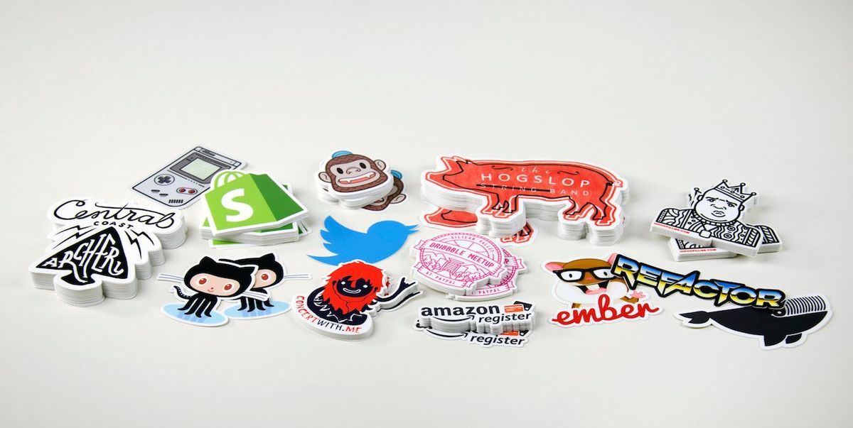 Die-cut vinyl stickers with GitHub, Shopify, and Twitter logos