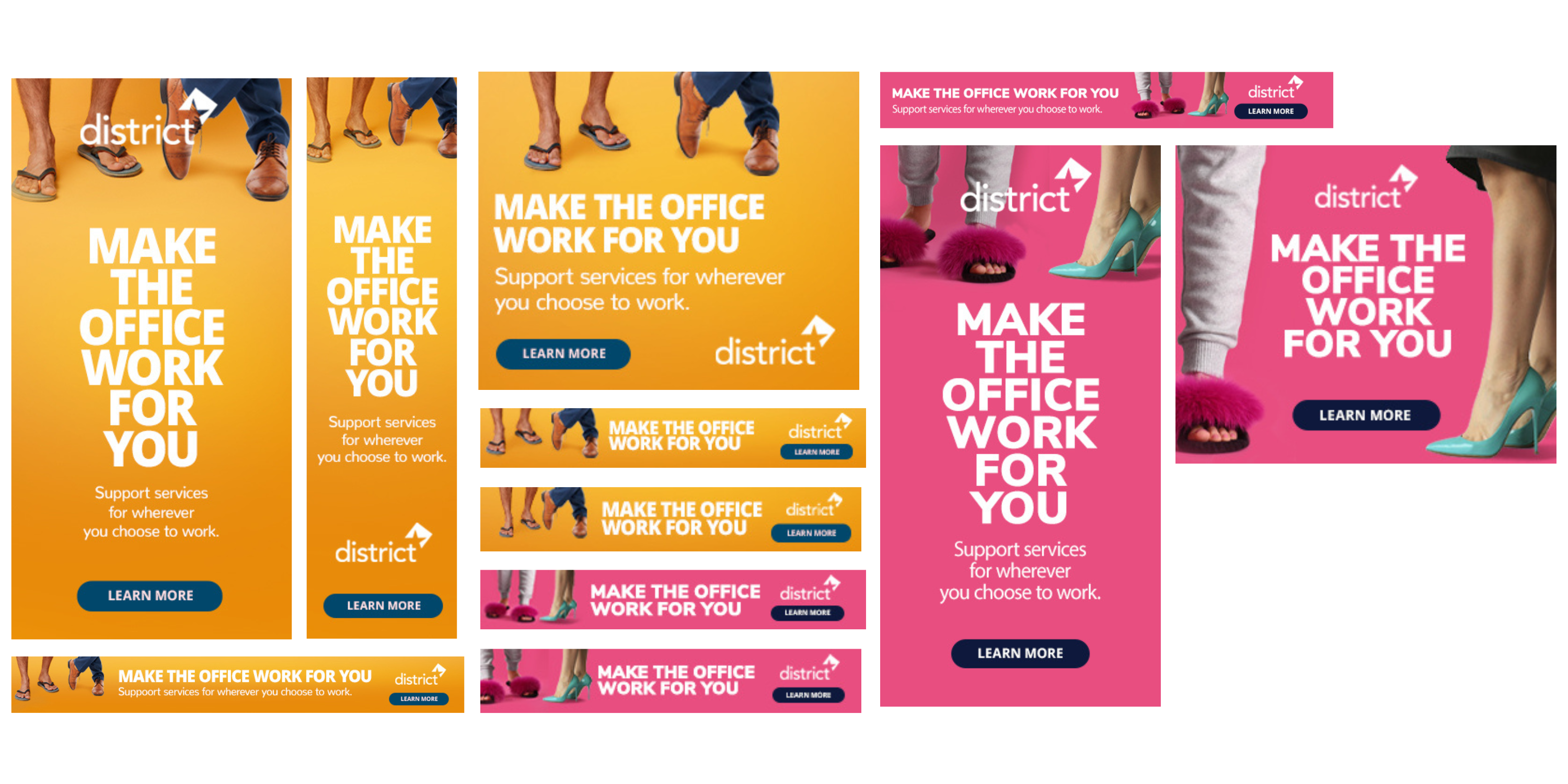 District Offices Make The Office Work For You digital ad suite in orange and pink colorways across multiple display sizes