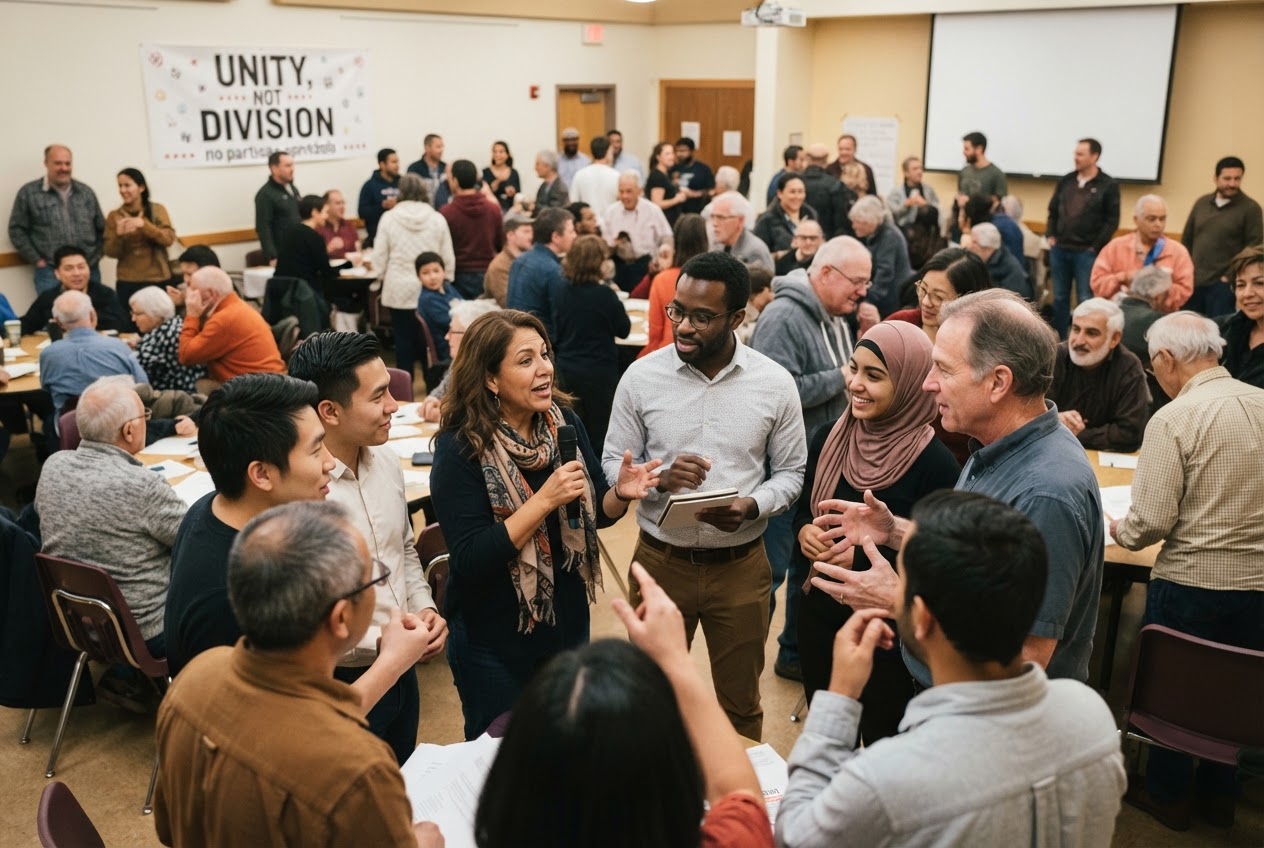 A diverse group of citizens gathered together beneath a Unity, Not Division banner