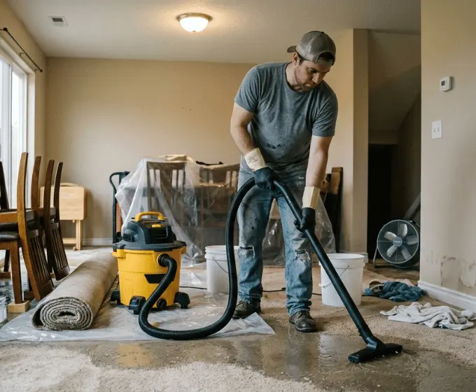 Homeowner attempting a DIY water damage cleanup with a shop vac