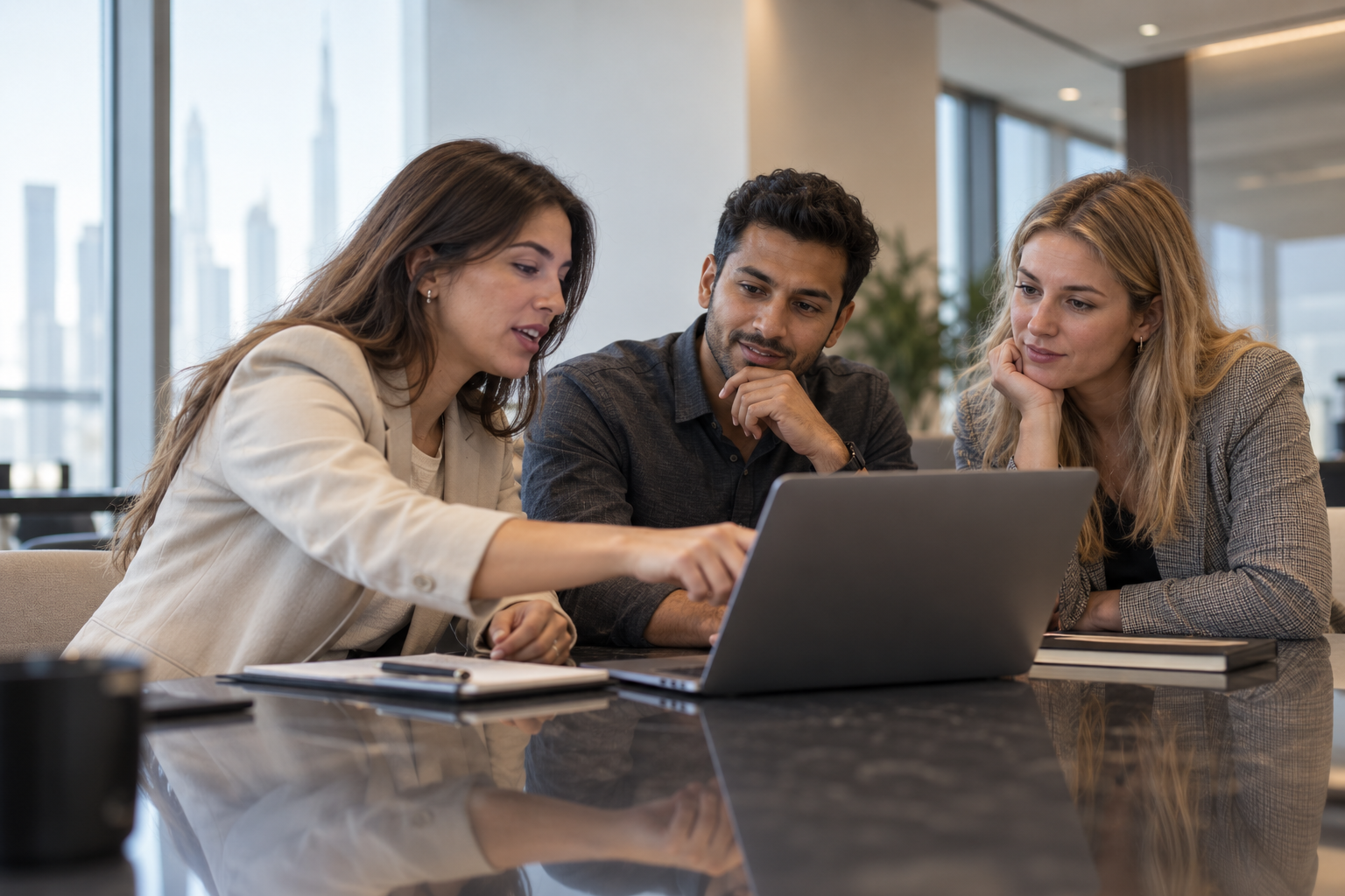 Three colleagues collaborating around a laptop in a Dubai office