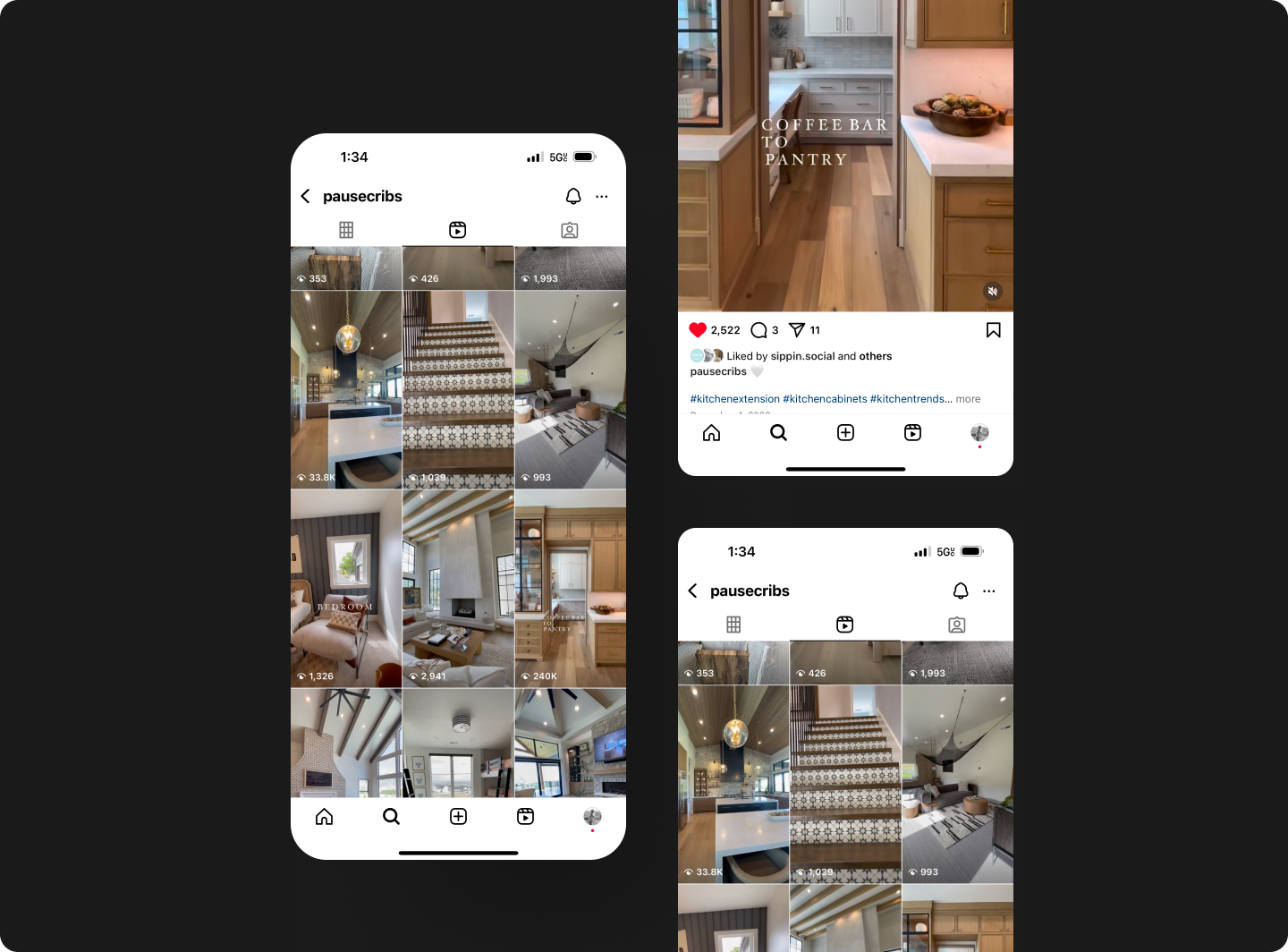 Instagram profile showcasing interior design portfolio