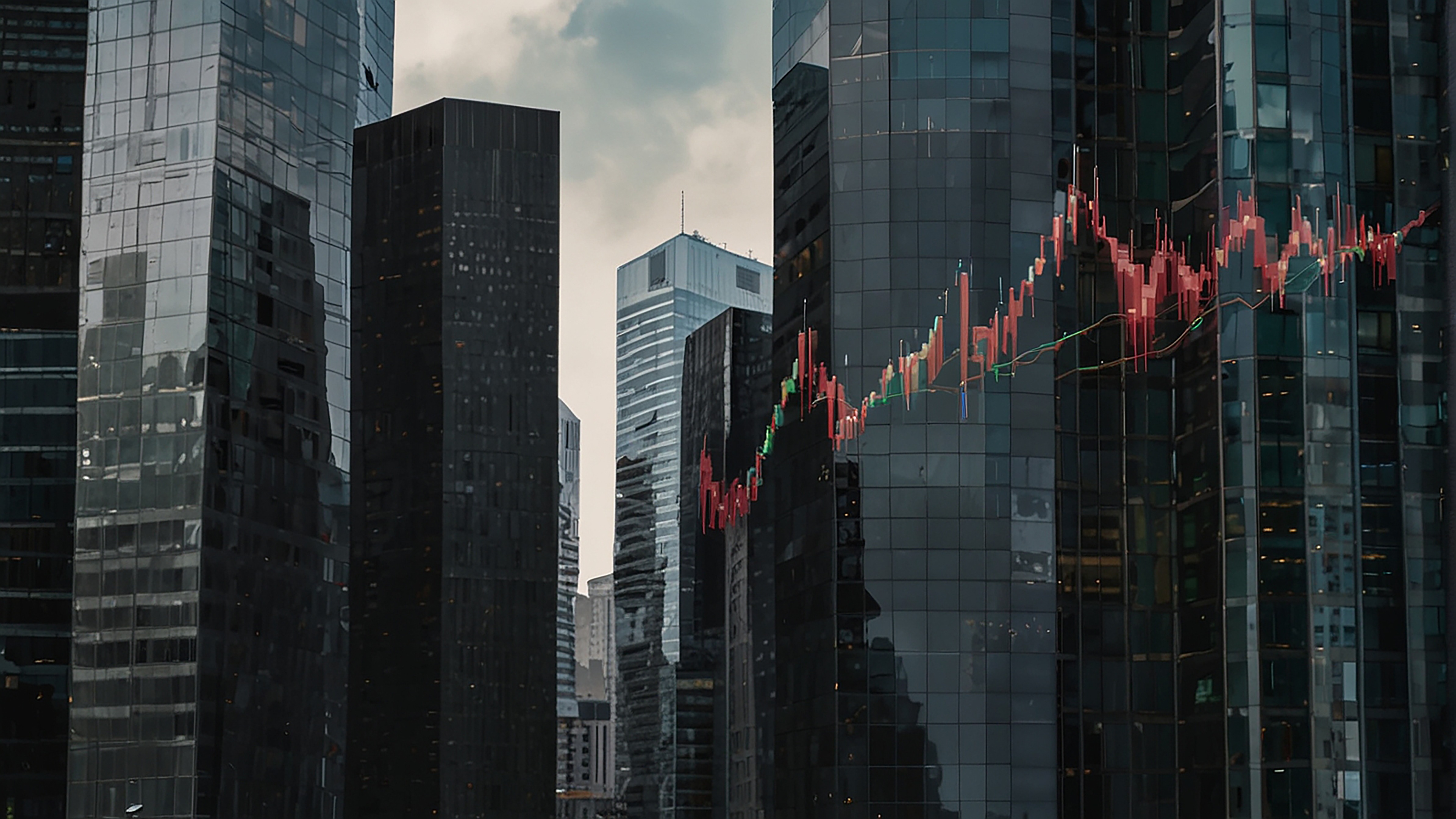 Arranha-céus corporativos com gráficos de mercado financeiro