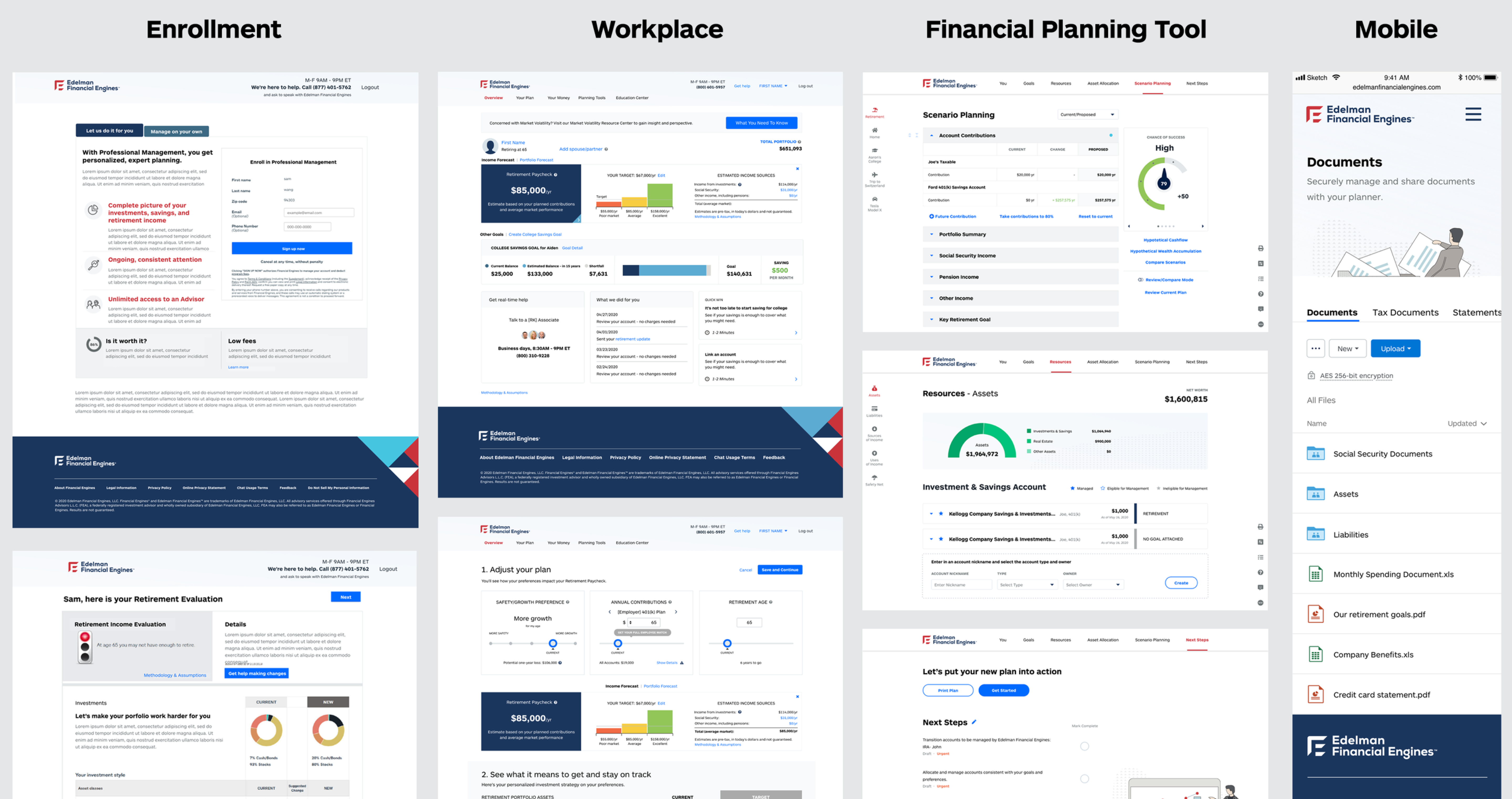 A four-column comparison of Enrollment, Workplace, Financial Planning Tool, and Mobile screens rebuilt using the shared component library, including a Social Security benefits comparison chart and a retirement goal confidence gauge on mobile.