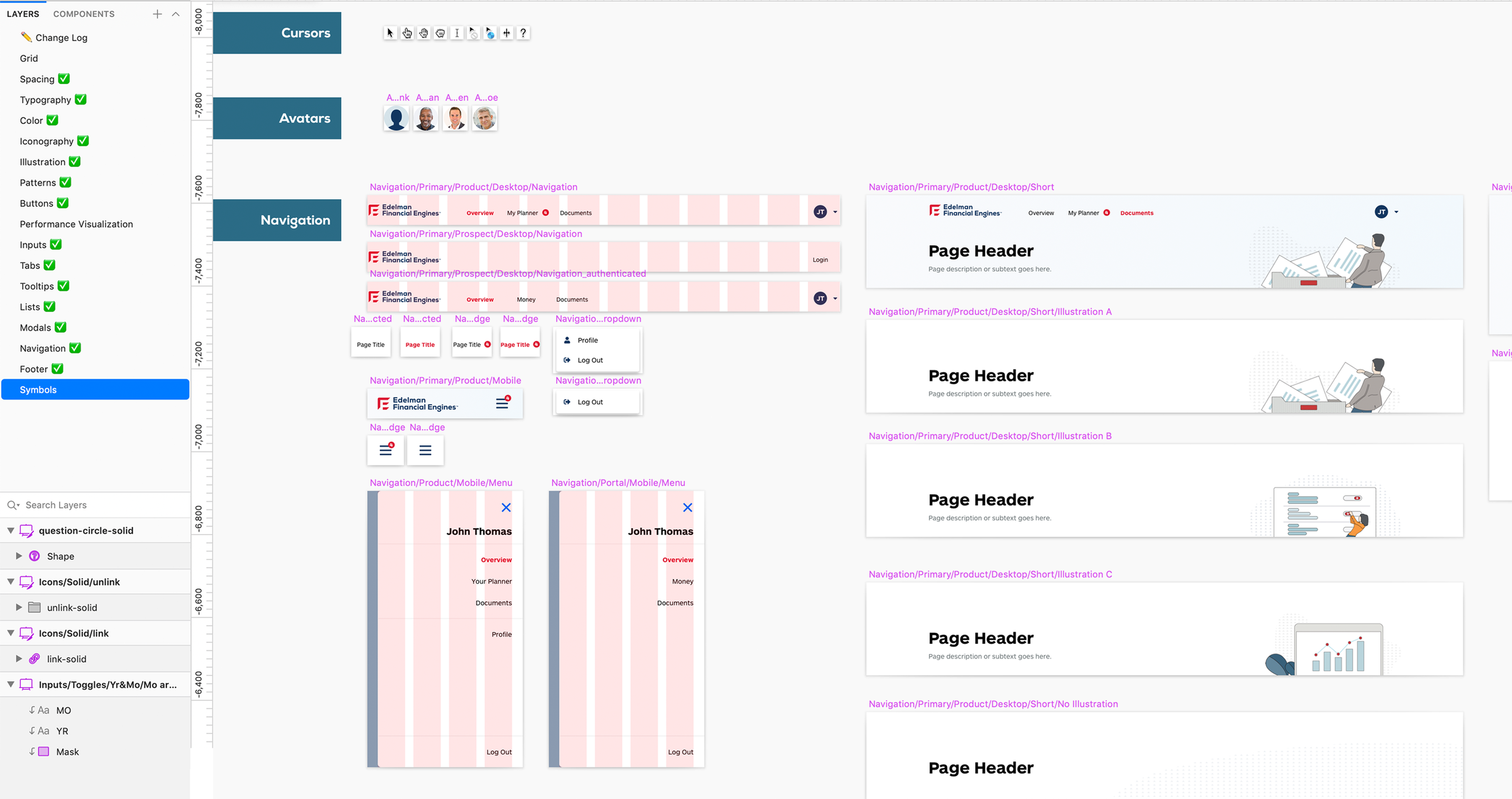 A Figma symbols panel showing organized layer groups for Cursors, Avatars, and Navigation, with variants for desktop, mobile, authenticated, and portal navigation states, plus page-header components with different illustration options.