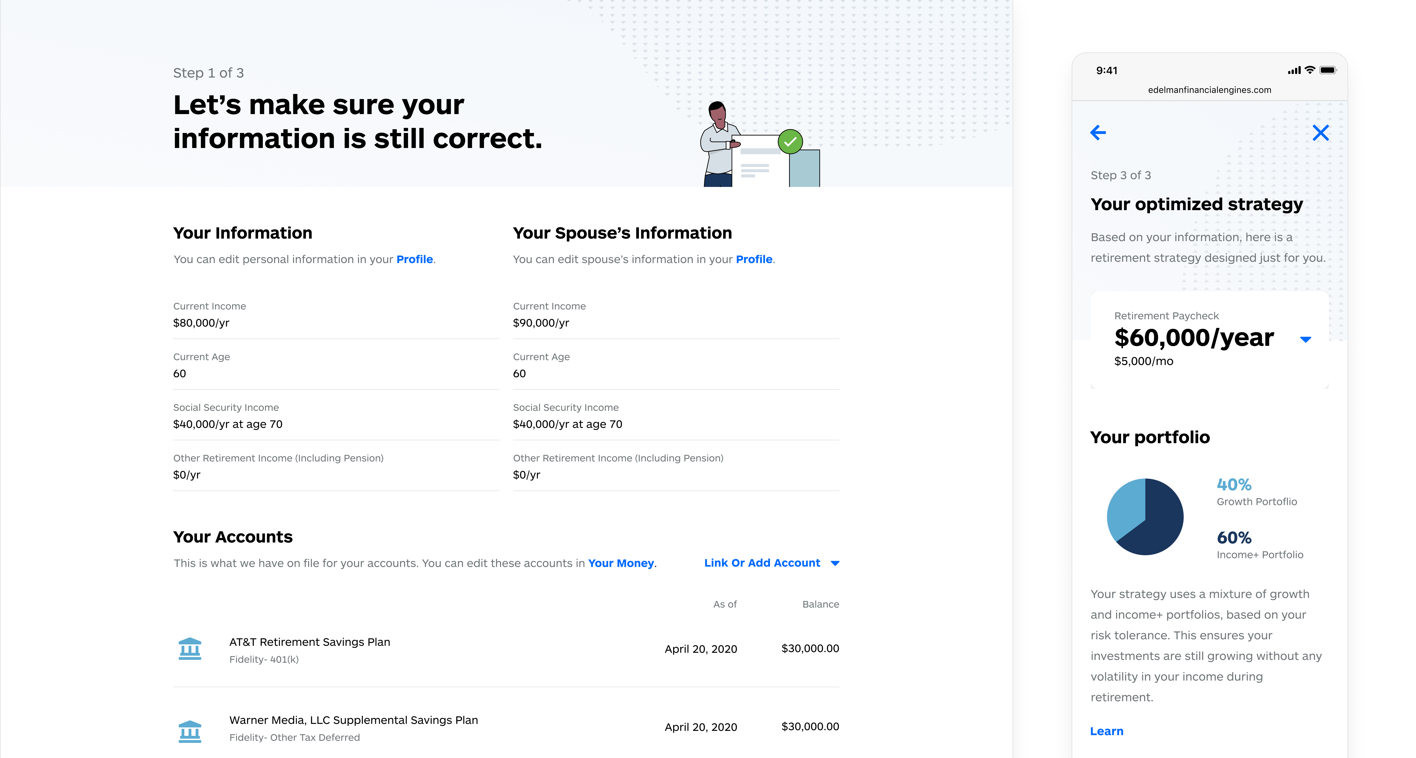 A step-by-step onboarding screen confirming income, age, Social Security, and account information, next to a mobile optimized-strategy screen showing a $60,000 per year retirement paycheck and a growth-versus-income portfolio pie chart.