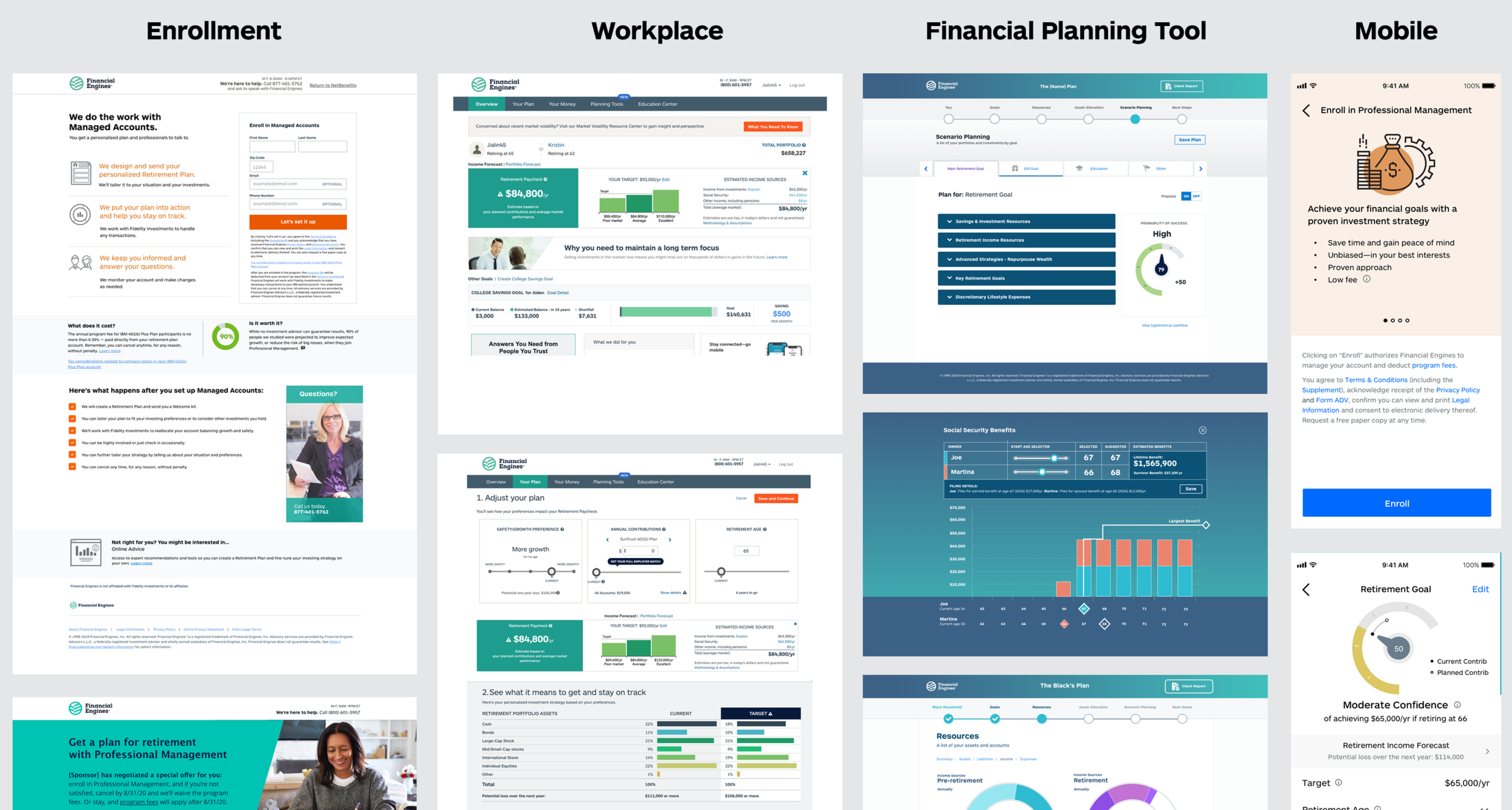 Four columns labeled Enrollment, Workplace, Financial Planning Tool, and Mobile, each showing screenshots of the corresponding pre-merger product surface that needed to be brought under one unified experience.