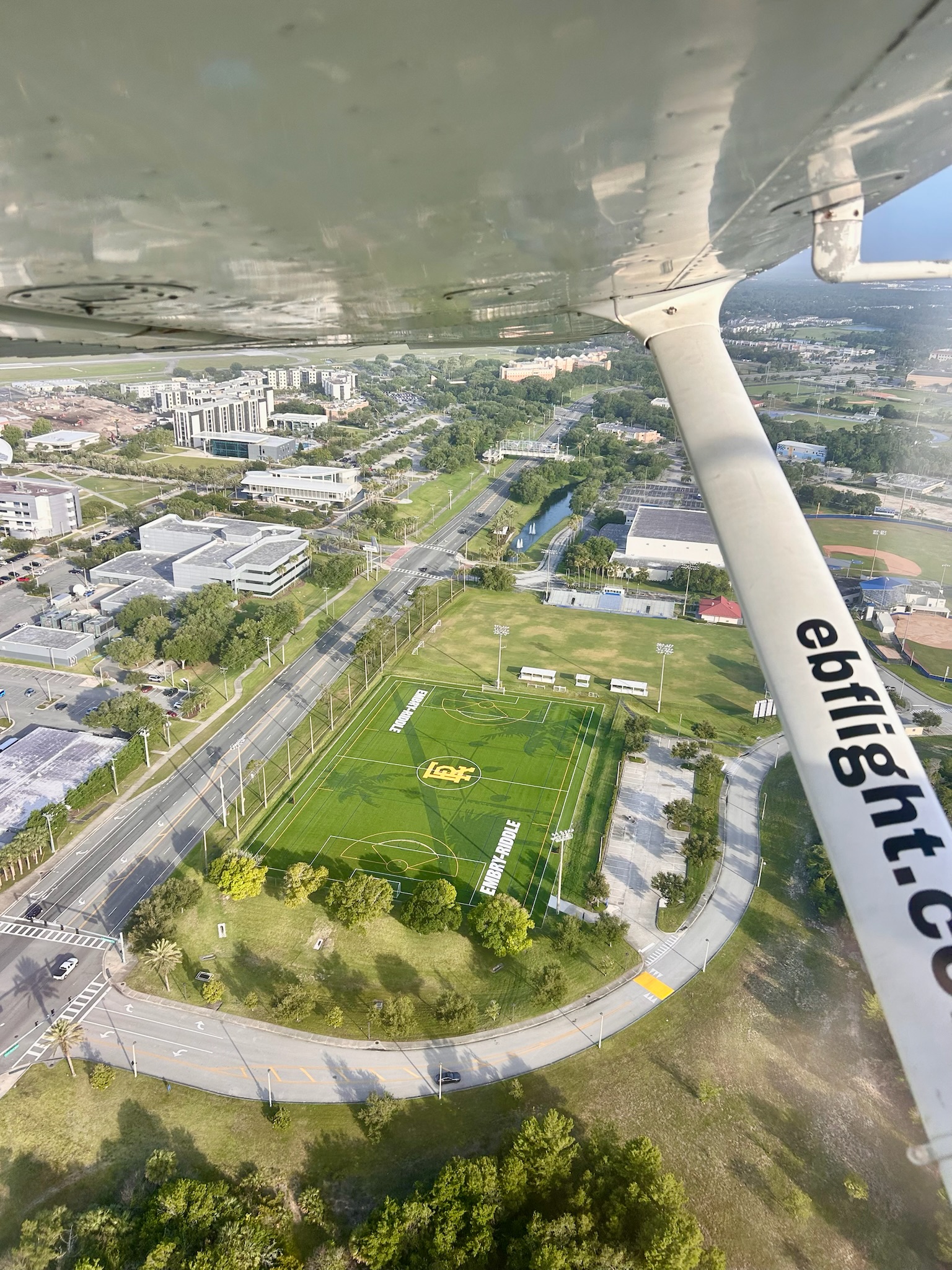 Aerial view from EB Flight Training aircraft over Embry-Riddle campus