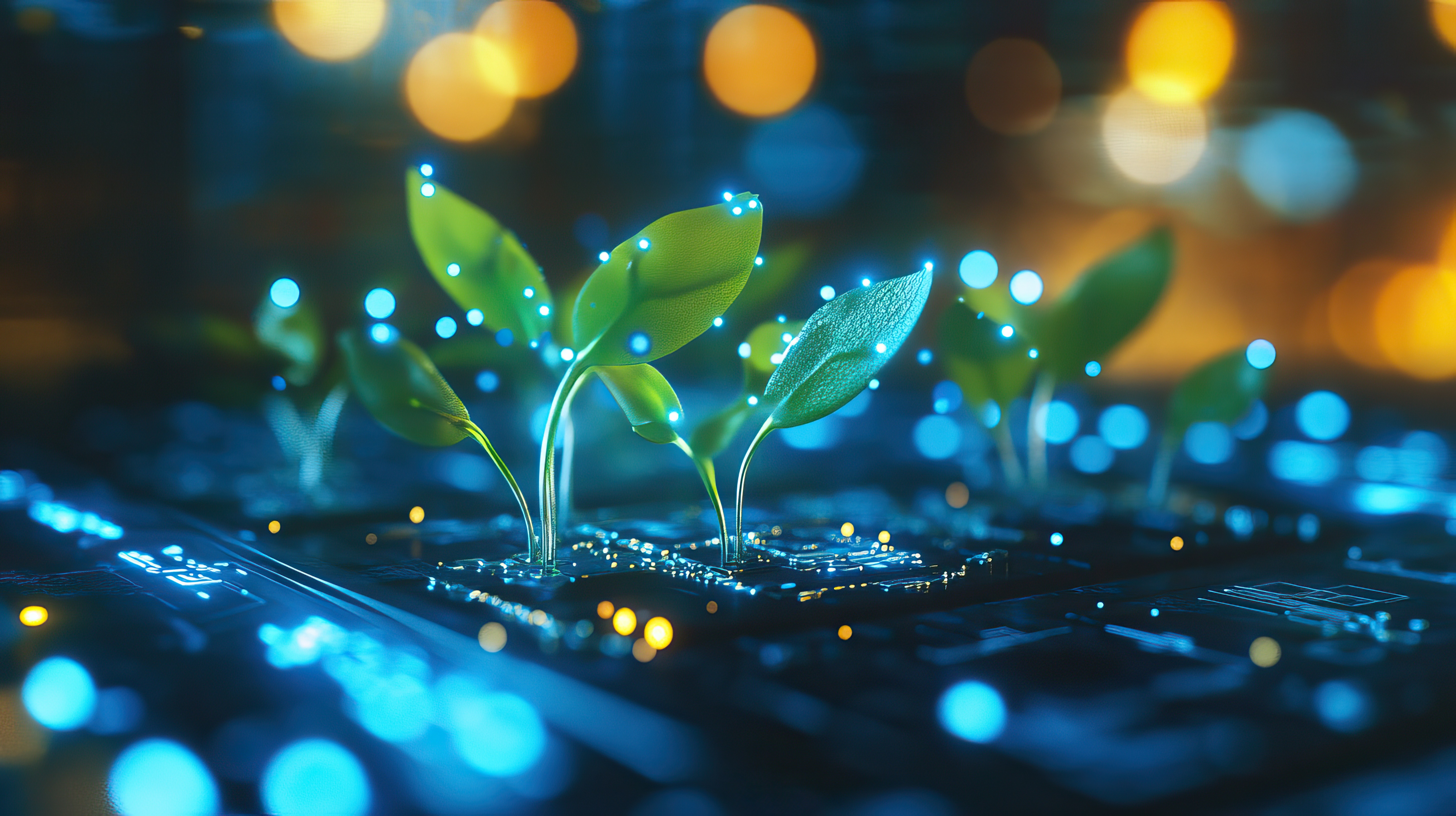 Plantas digitais crescendo em circuito tecnológico
