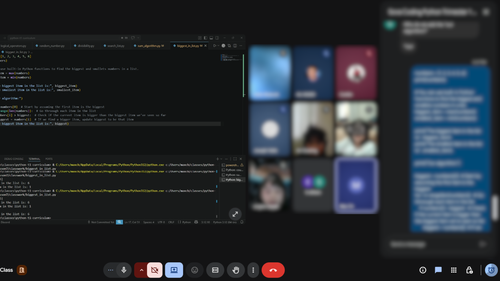 VS Code with Python code finding biggest item in list during live class