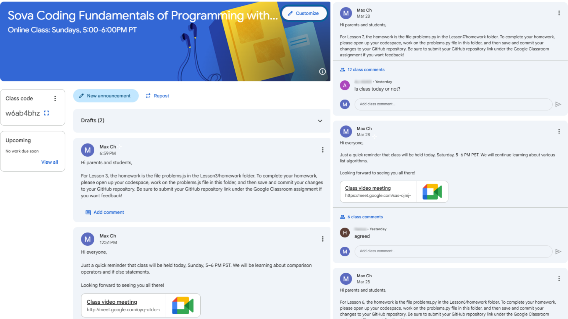 Google Classroom for Sova Coding JavaScript Fundamentals class