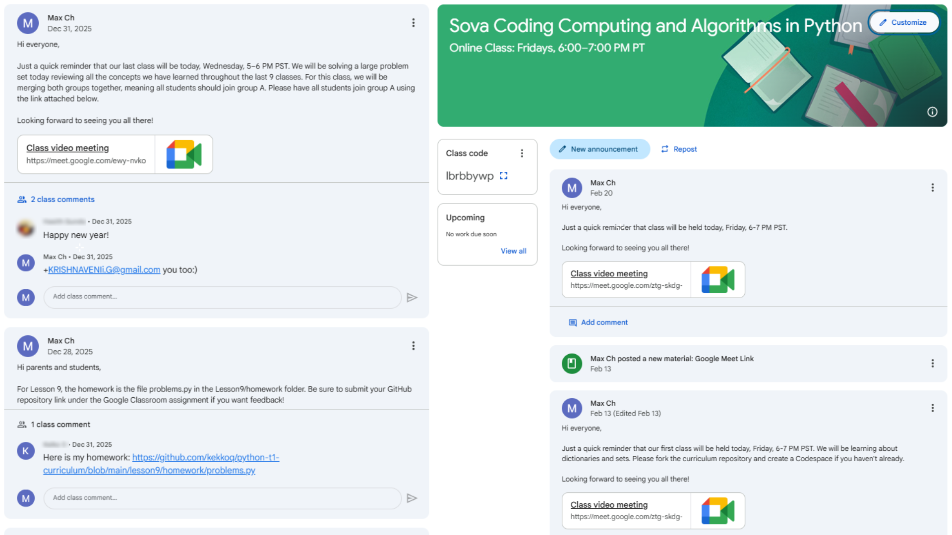 Google Classroom for Sova Coding Algorithms in Python class