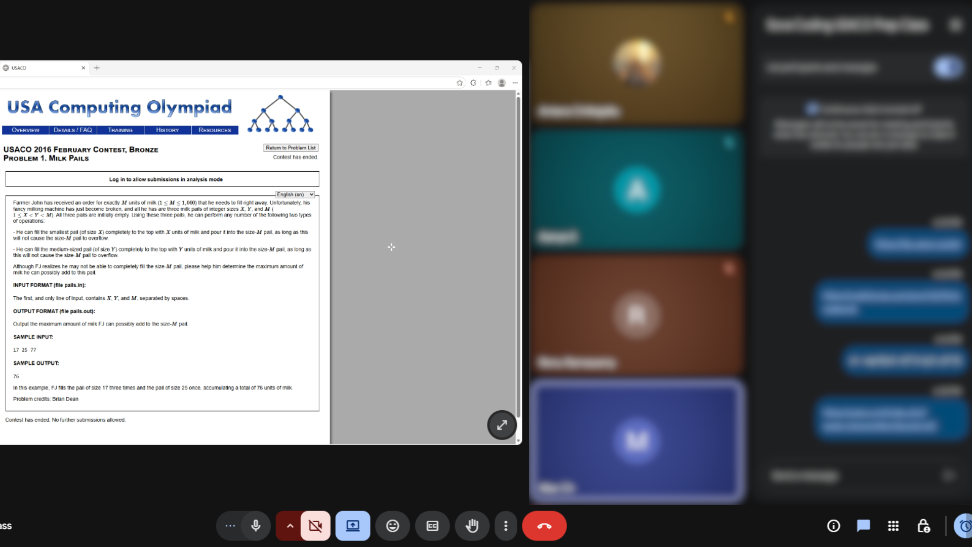 USACO problem page for Milk Pails with binary tree diagram during live class