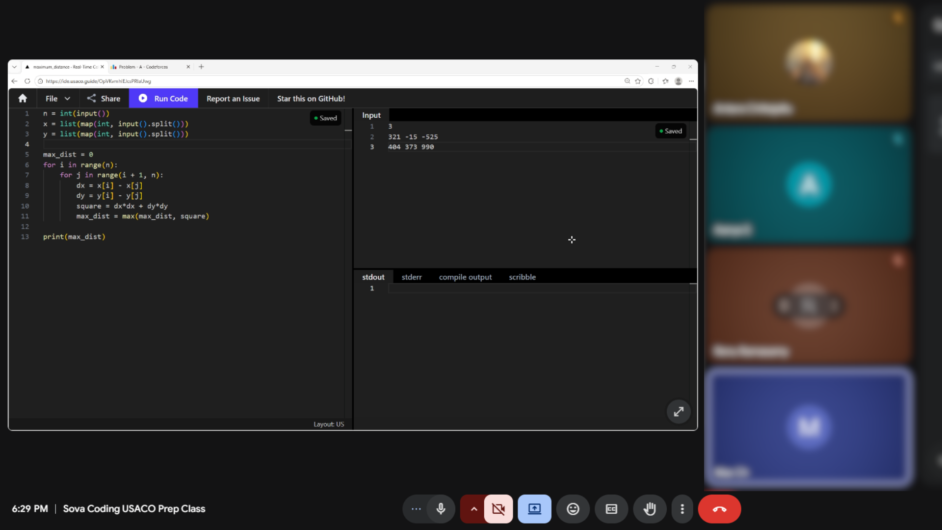 USACO code editor with Python maximum distance calculation during live class