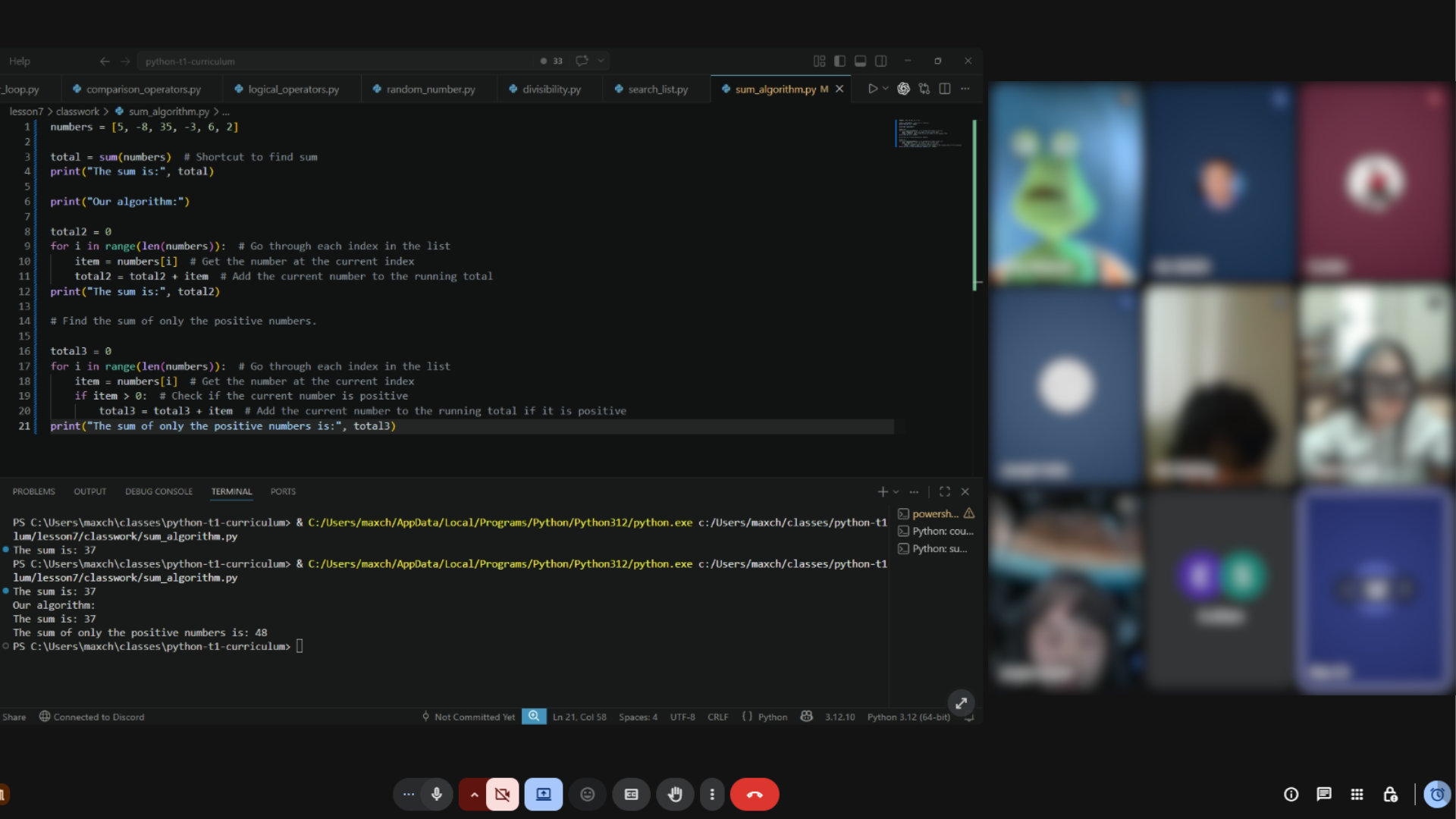 VS Code with Python sum algorithm code and terminal output during live class